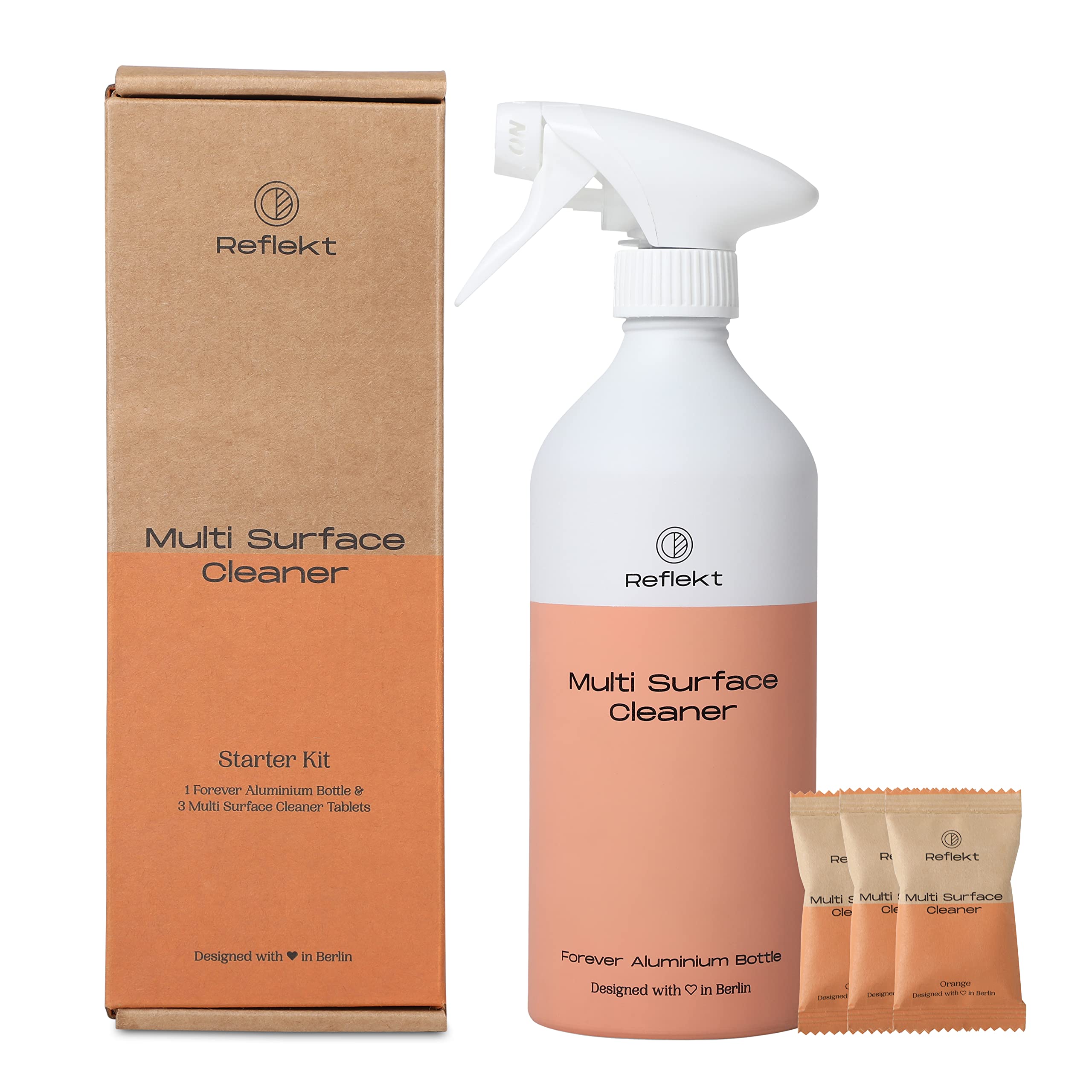 Reflekt Smart Multi-Surface Cleaner Starter Kit 1.5 Litres (1 Forever Aluminium Bottle + 3 Tablets) | 1 Tablet makes 500 ML Cleaner | Eco Friendly, Non-Toxic, Plastic Free | Fresh Orange Fragrance