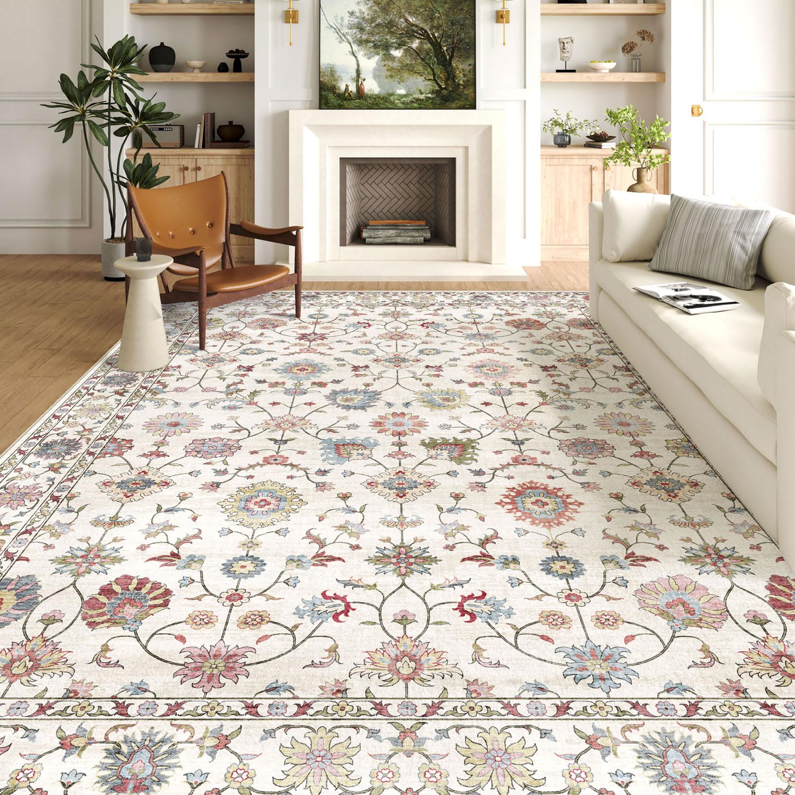 LUXRUG Area Rugs 9x12 Living Room - Large Washable Cream Boho Rugs for Bedroom Soft Vintage Rug Ultra-Thin Colorful Traditional Floral Carpet