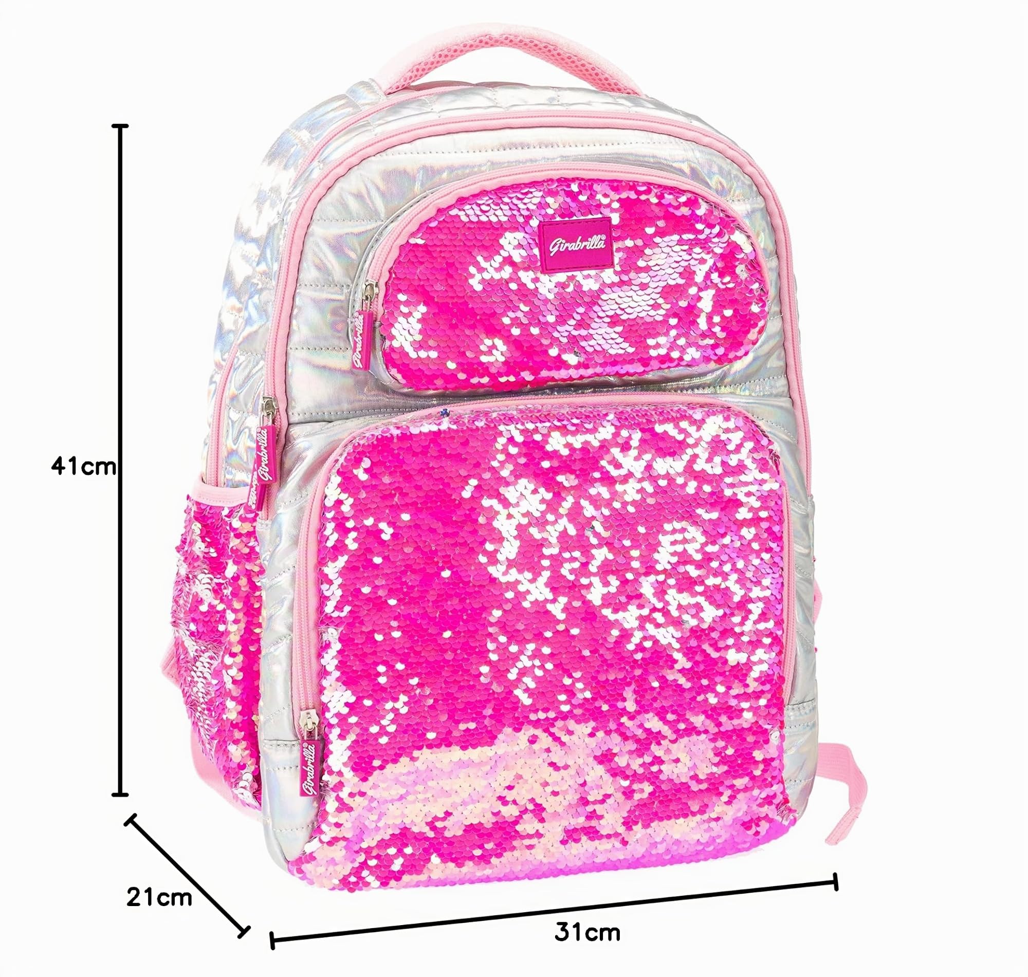 Girabrilla Nice Group Zaino Puffer Scuola per Bambine e Ragazze, Effetto Piumino, Doppia Tasca con Paillettes reversibili, Colore Rosa Fluo