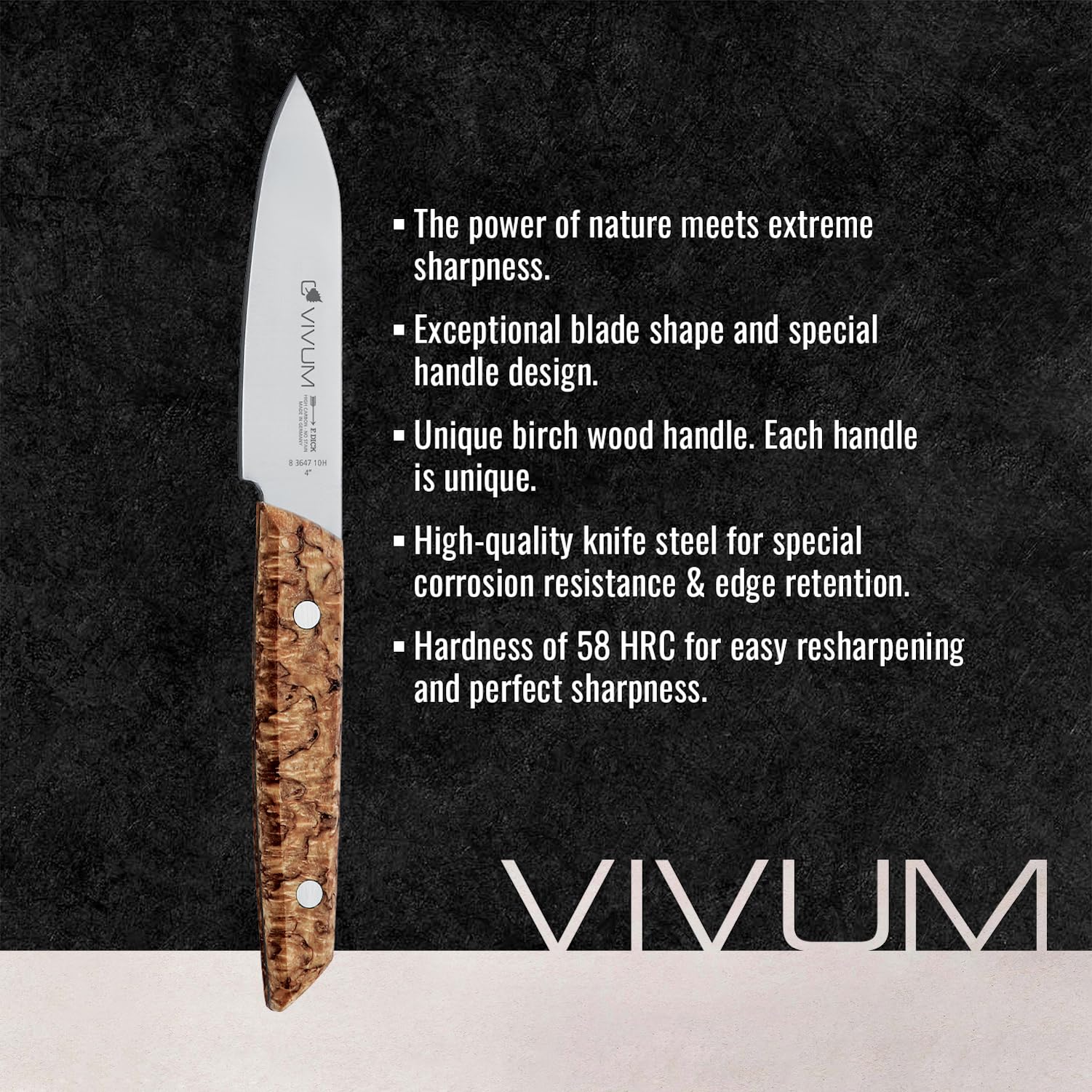 F.DICK VIVUM 83647102H Office Knife with 10 cm Blade for Fine Cutting Work with Birch Wood Handle 58 HRC Kitchen Knife