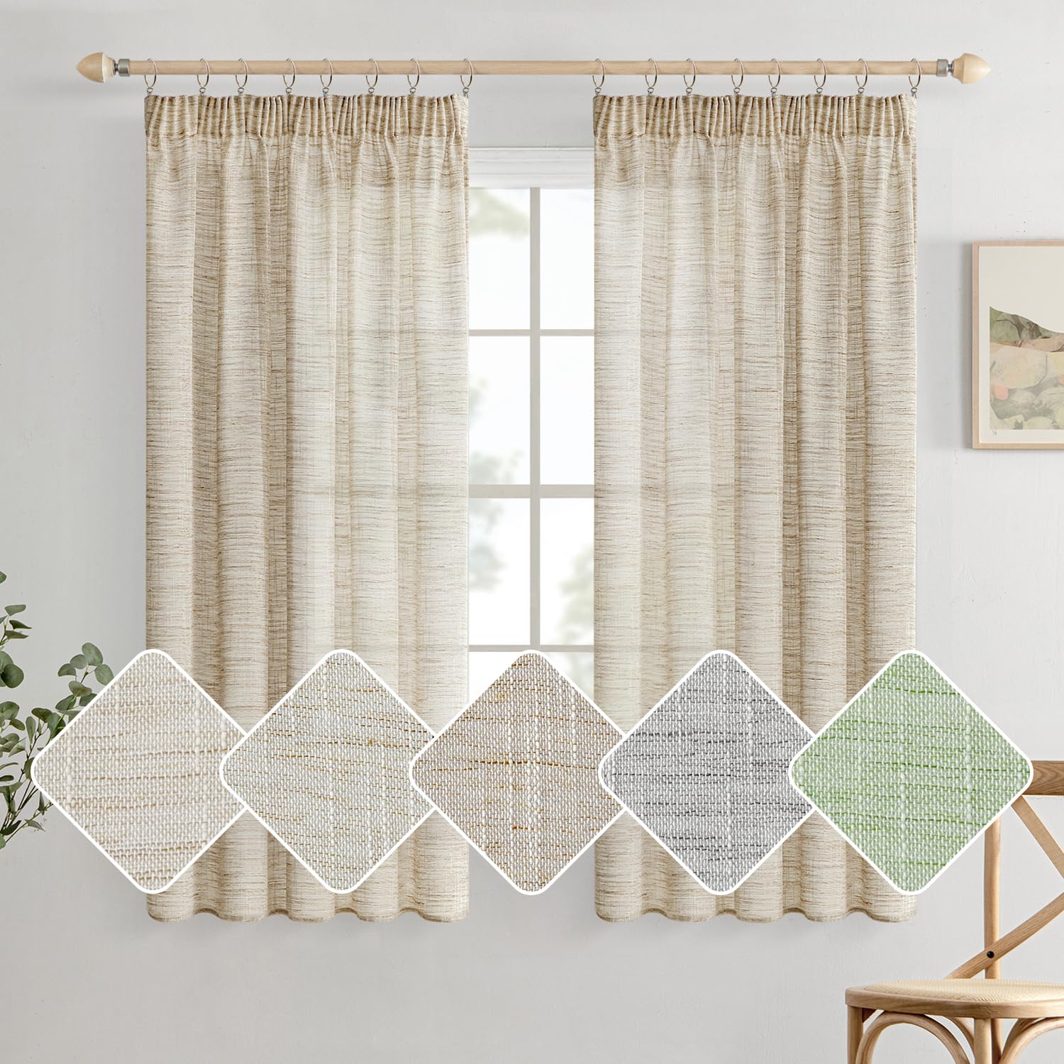 Woaboy Cortinas de Lino Dormitorio Visillo Corta Semitransparente para Ventana Modernas con Ganchos de Riel para Salón Habitación 2 Piezas 140x175cm Blanco Marrón