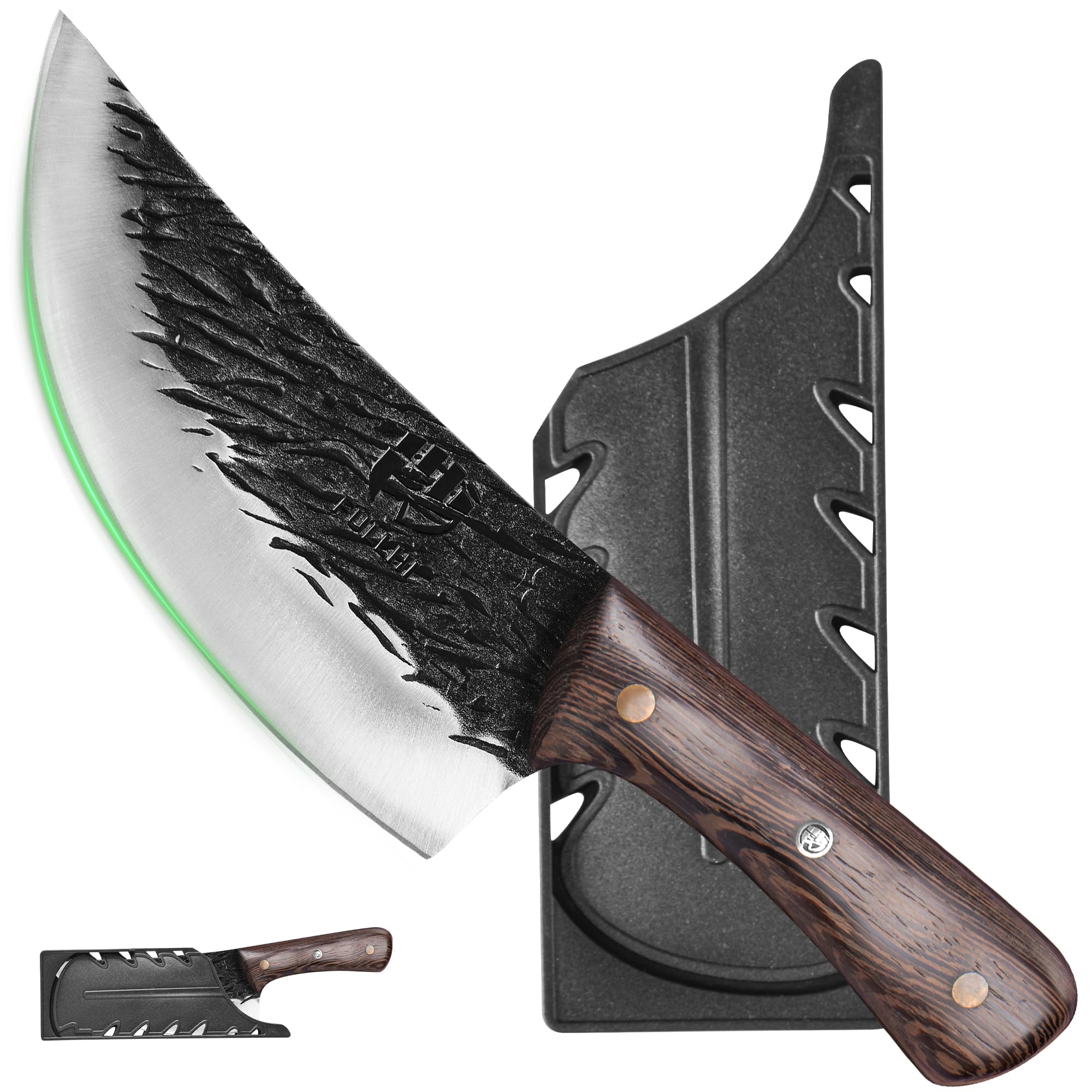 FULLHI Manico in legno Mannaia per carne pesante con fodero 2 pezzi, affettatrice in acciaio ad alto tenore di carbonio per la casa, il campeggio e il barbecue (Marrone, 17cm)