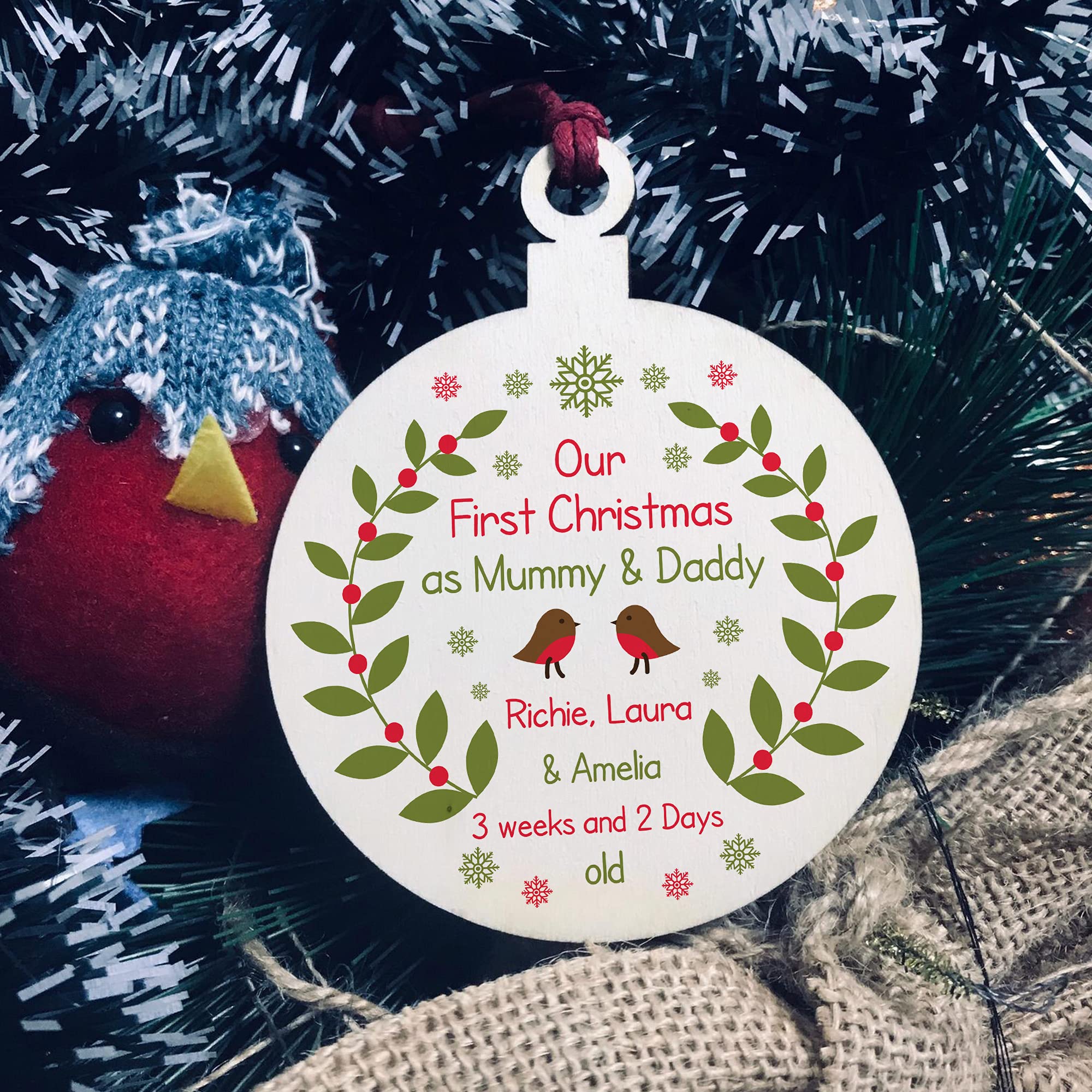 Red Ocean Black, Red Our First Christmas Wood Christmas Bauble Personalised Mummy Daddy Decor 8Cm
