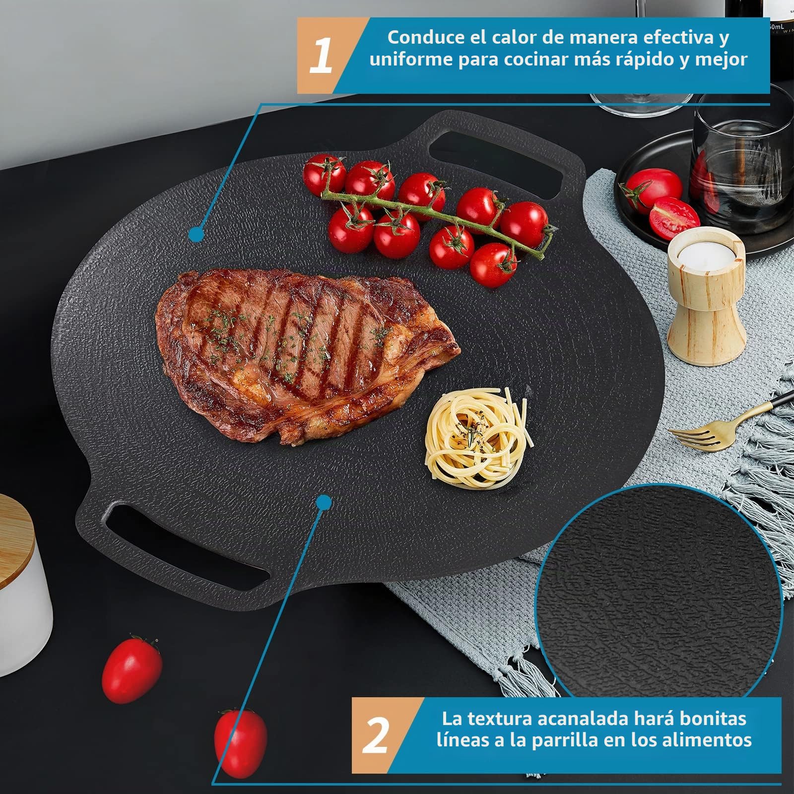 Sartén de Parrilla Coreana con Revestimiento Antiadherente de 6 Capas, Plancha BBQ Redonda de 13" con Bolsa, Compatible con Inducción, Cocina de Gas, Cocina Eléctrica, para Parrilla Interior o