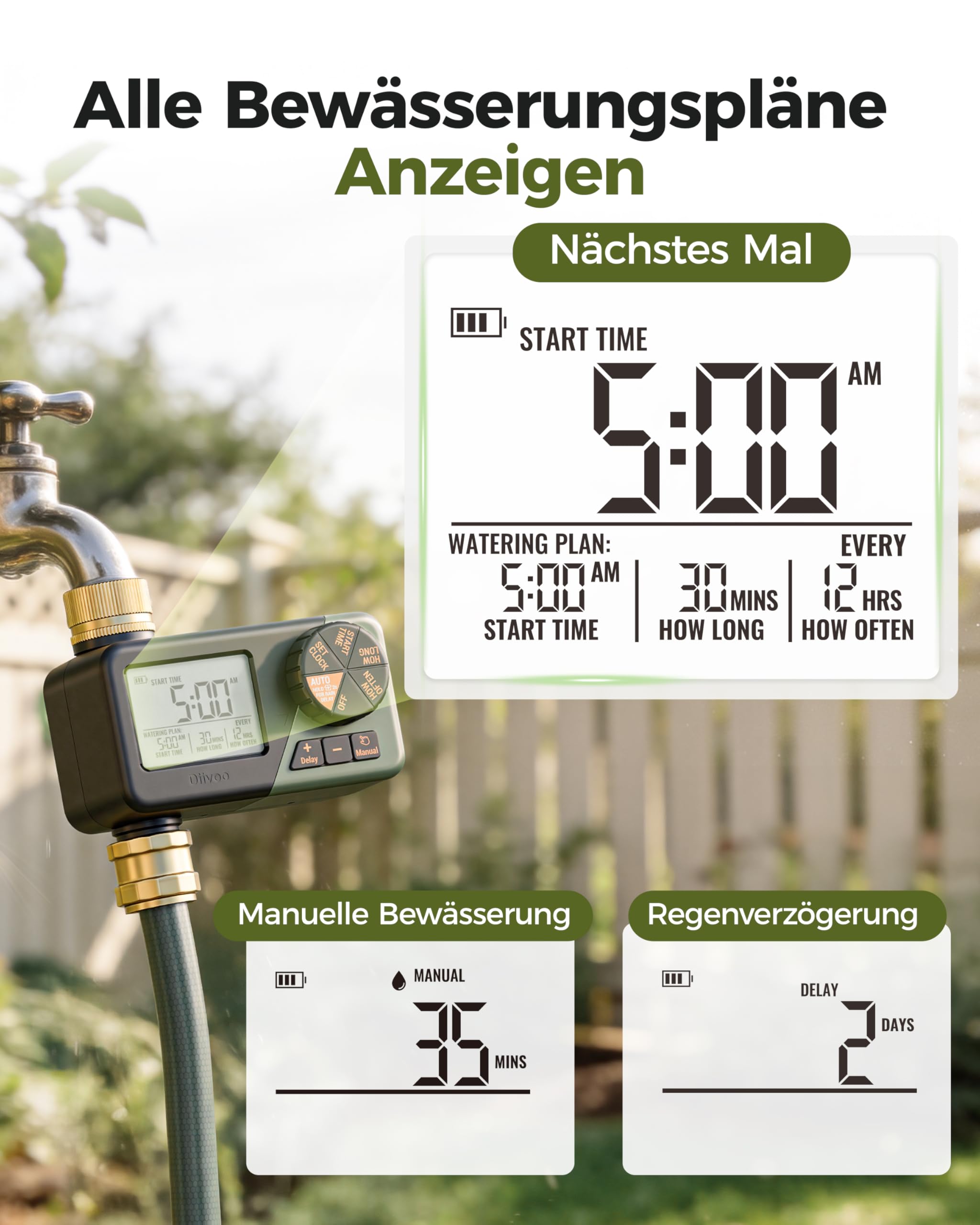Diivoo IP66 Bewässerungscomputer mit Messinganschlüssen, Großem LCD-Display, Bewässerungsuhr mit Regenverzögerung, Automatische & Manuelle Bewässerung, Programmierbarer Zeitschalter für Garten, Rasen