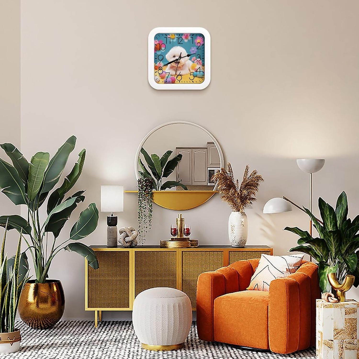 Square 10" Wall Clock,Cute Bichon Frise Dog Print Kitchen Wall Clocks Battery Operated,Silent Non-Ticking Modern Funny Cute Wall Clock for Bedroom Living Room Kitchen Office Farmhouse Home Decorative