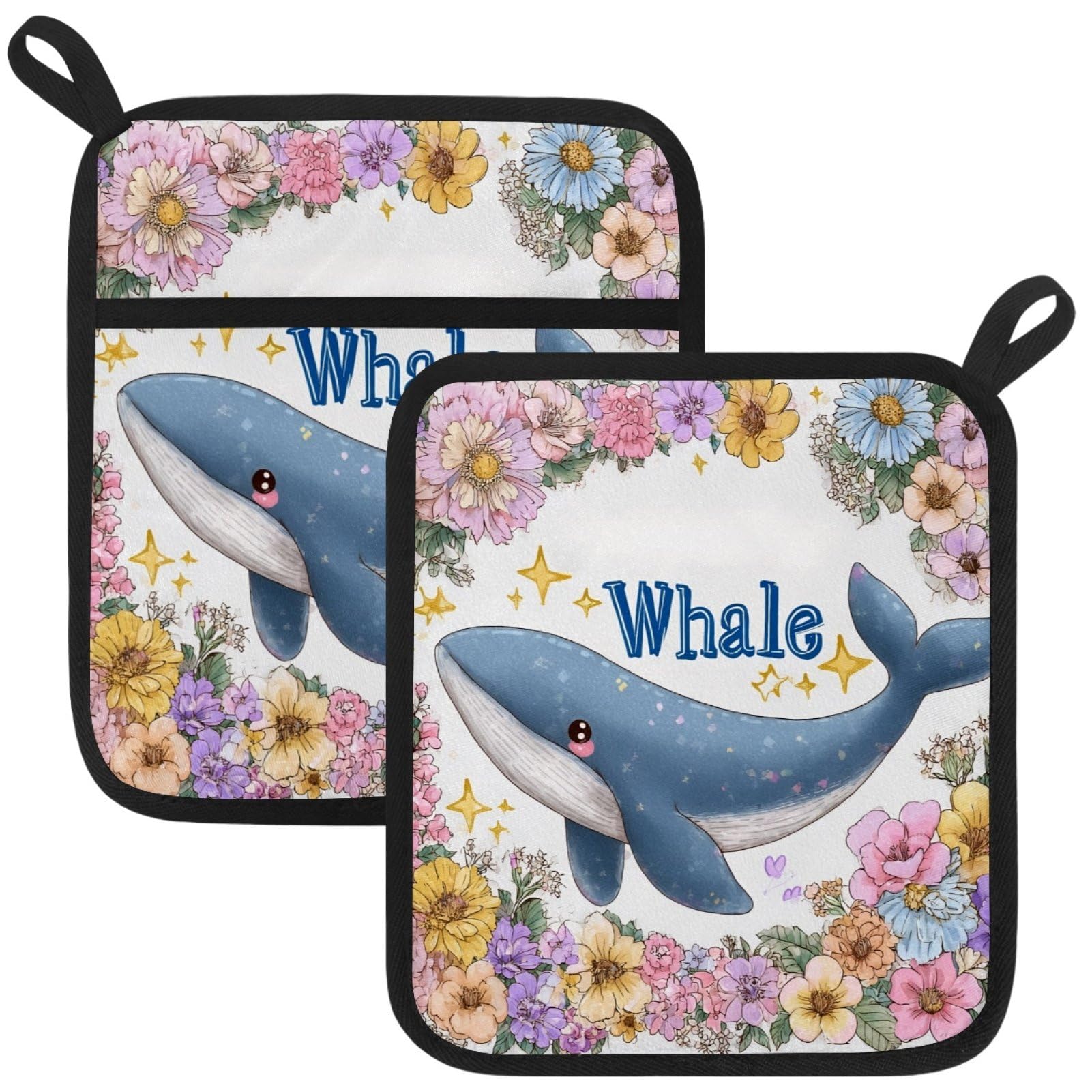 VAPOKF Whale Flower Pot Holders with Pocket for Kitchen Heat Resistant Potholders Large Polyester-Cotton Square Oven Mitts Set