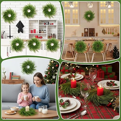 Miniatura 4 de 4 mini coronas para armarios, anillos de vela de pino Norfolk de Navidad de 9.8 pulgadas, guirnalda de corona pequeña artificial para gabinete de