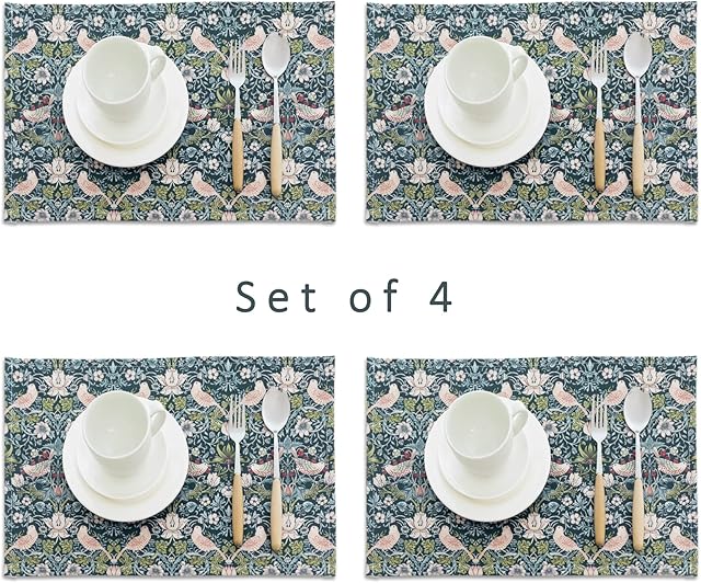 Obal William Morris Placemats Set of 4, Non-Slip Heat Stain Resistant Place Mats Washable Dining Table Mats for Dinner Sets Home Kitchen (Green Strawberry Thief, 45x30cm)