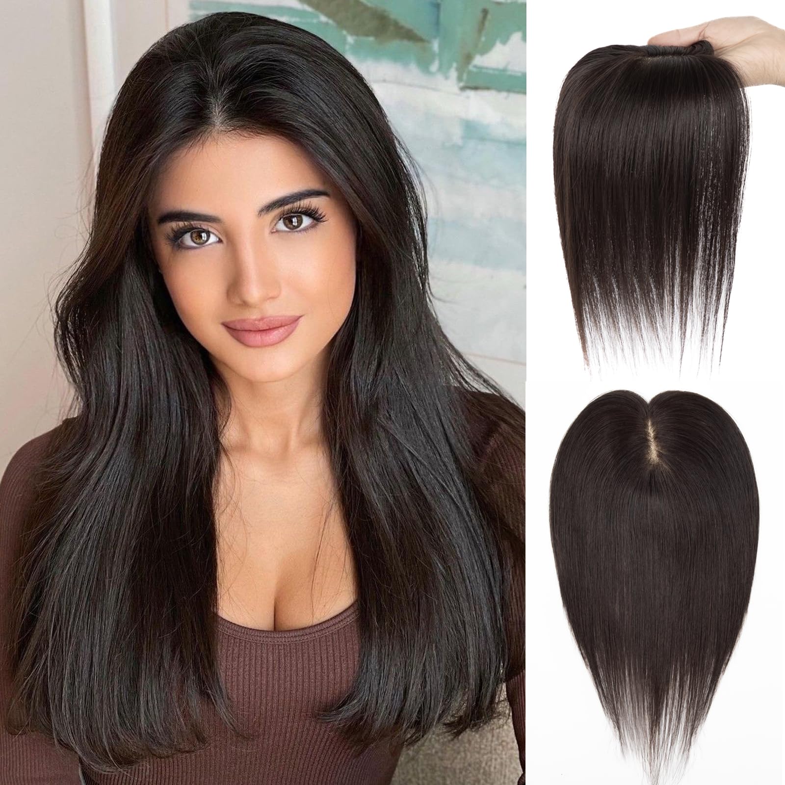 12 Inch Human Hair Topper with 3D Bangs for Thinning Hair Invisible 12-inch Human Hair Topper with 3D Air Bangs - Dark  main image 4