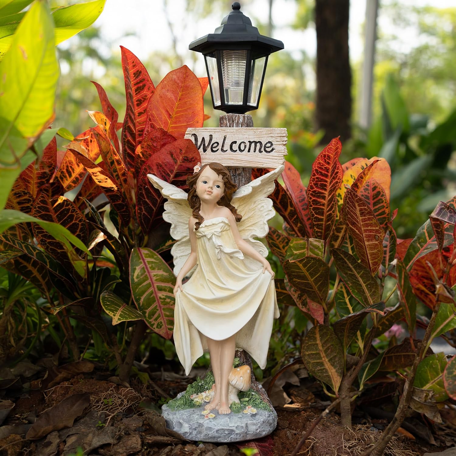 Garden Fairy Solar Light Welcome Sign, 22" in Height, Decorative Outdoor Statue with Auto Light-Up Feature
