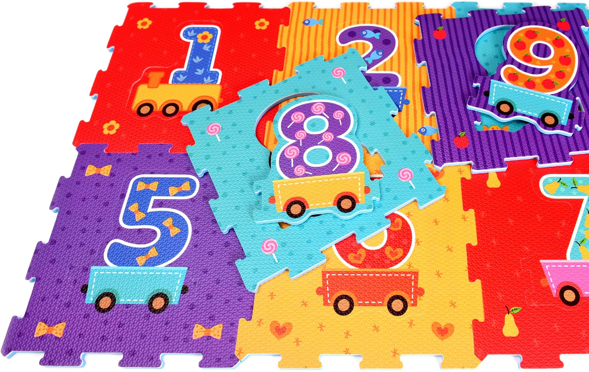 Numbers in Train Rubber EVA Foam Puzzle Play mat Floor. 9 Interlocking playmat Tiles (Tile:12X12 Inch/9 Sq.feet Coverage). Ideal: Crawling Baby, Infant, Classroom, Toddler, Kids, Gym Workout time