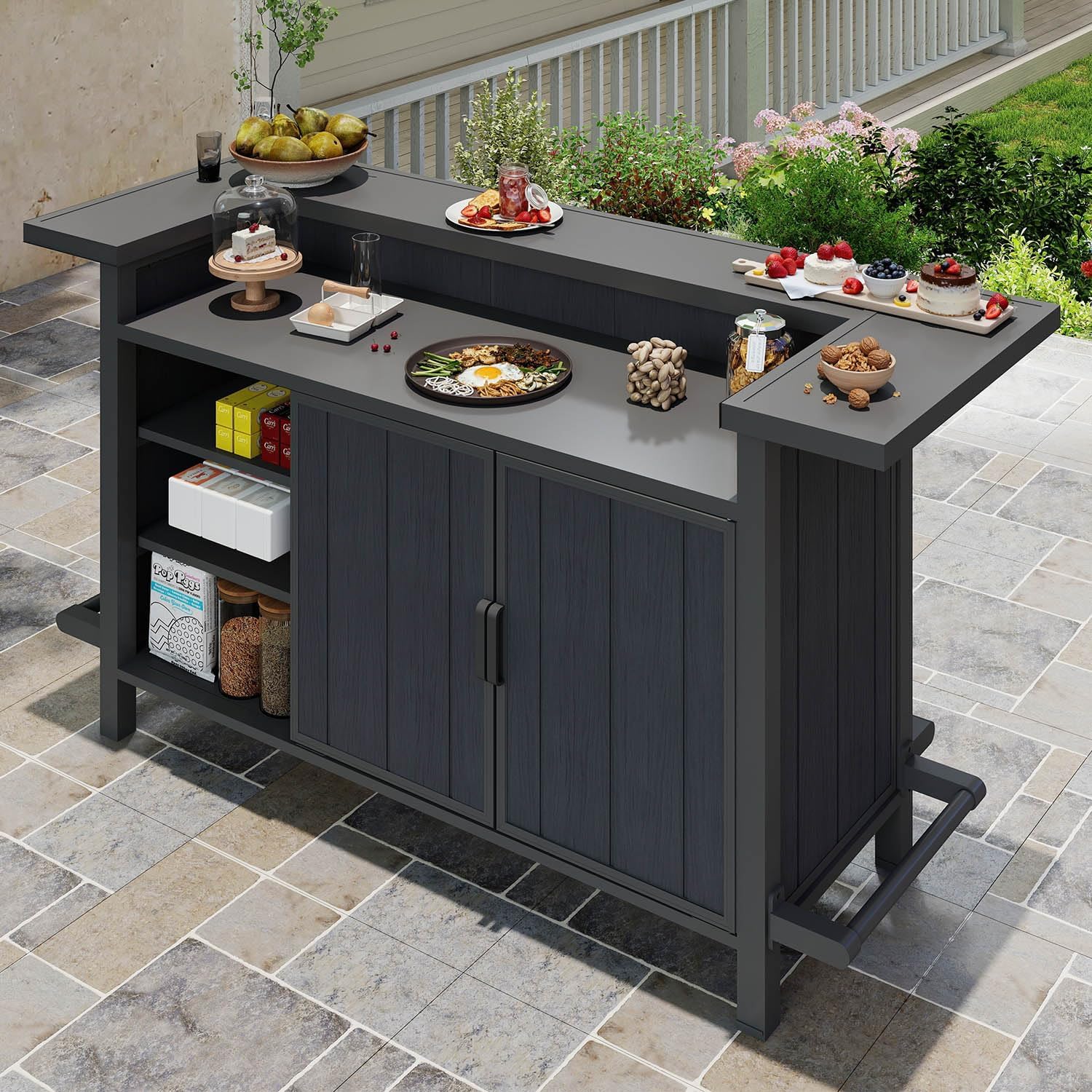 Domi Outdoor Home Bar Unit, All-Weather Wicker & Aluminum Frame Farmhouse Bar Furniture with Storage, Waterproof Rattan Buffet Table with Shelves and Cabinet, Easy-to-Clean for Patio Kitchen