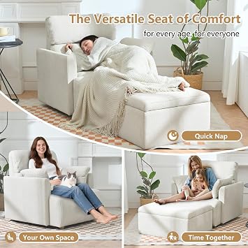 cinkehome Oversized Accent Chair with Ottoman, Comfy Upholstered Armchair with Deep Seat, Overstuffed Lounge Chair for Living Room, Reading Nook (Beige Snowflake Fleece)