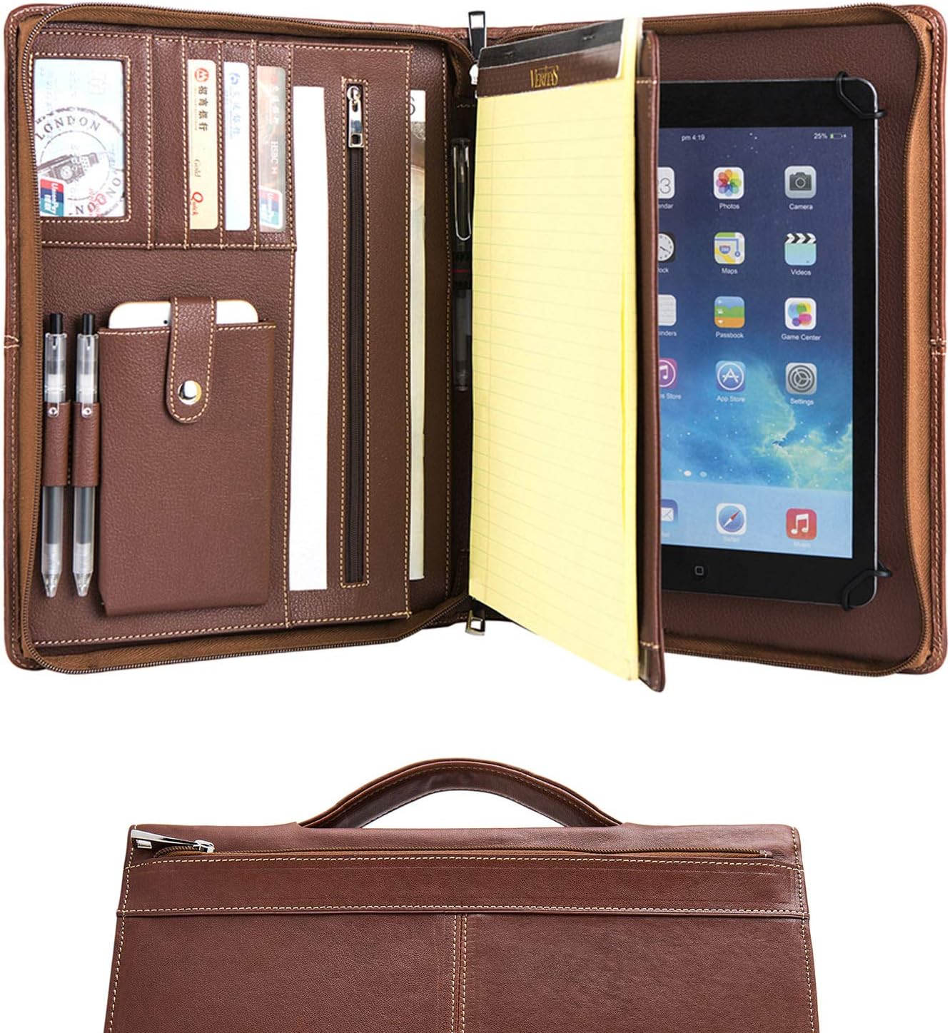 Handmade Leather A4 Conference Folder Zipped for New iPad Pro 10.5 and iPad Pro 11" 2018/2020, Business Portfolio Padfolio Organizer Case with Retractable Handle and Writing Pad, Brown