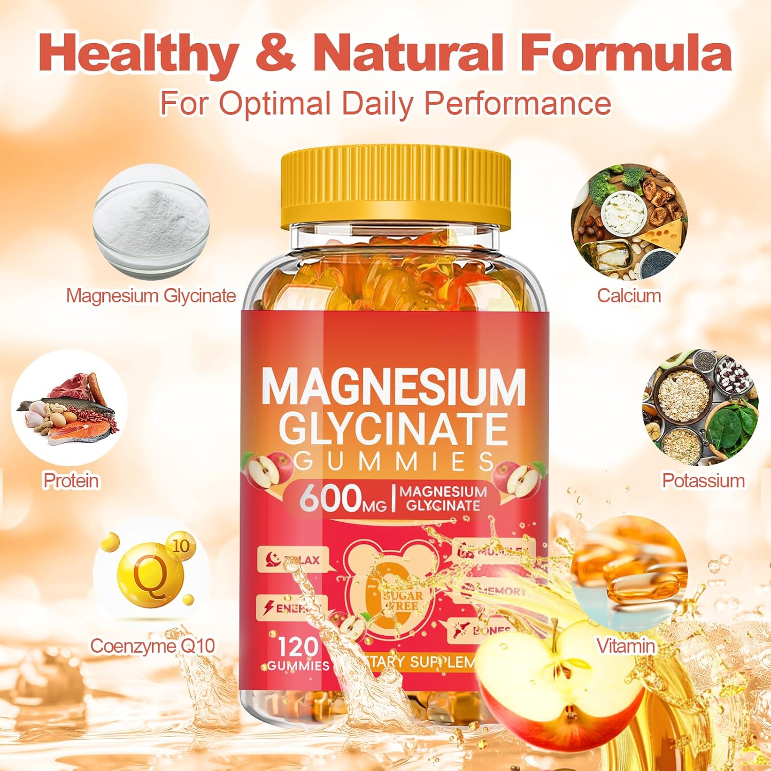 Magnesium Glycinate Gummies 600mg High Absorption, Magnesium Glycinate for Women and Men with Vitamin D, B6, and CoQ10 for Adults & Kids, Magnesium Supplement for Calm Support & Sleep, 120 Count