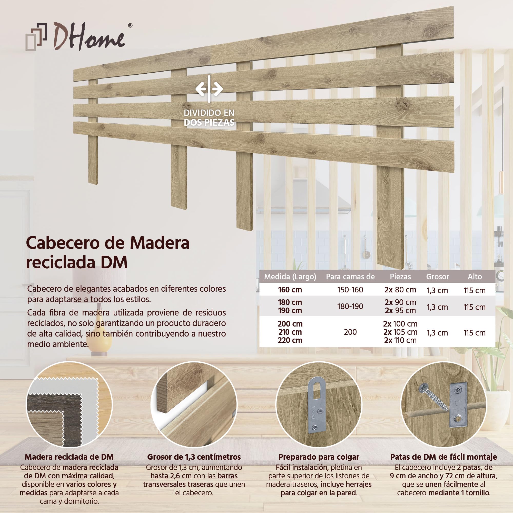 DHOME Testiera in Legno Orizzontale 4 DM con Piedini Riciclata Stile Pallet per Letto Moderno da Camera da Letto Ferramenta Inclusa (Legno Cambrian, 220cm Doppio)
