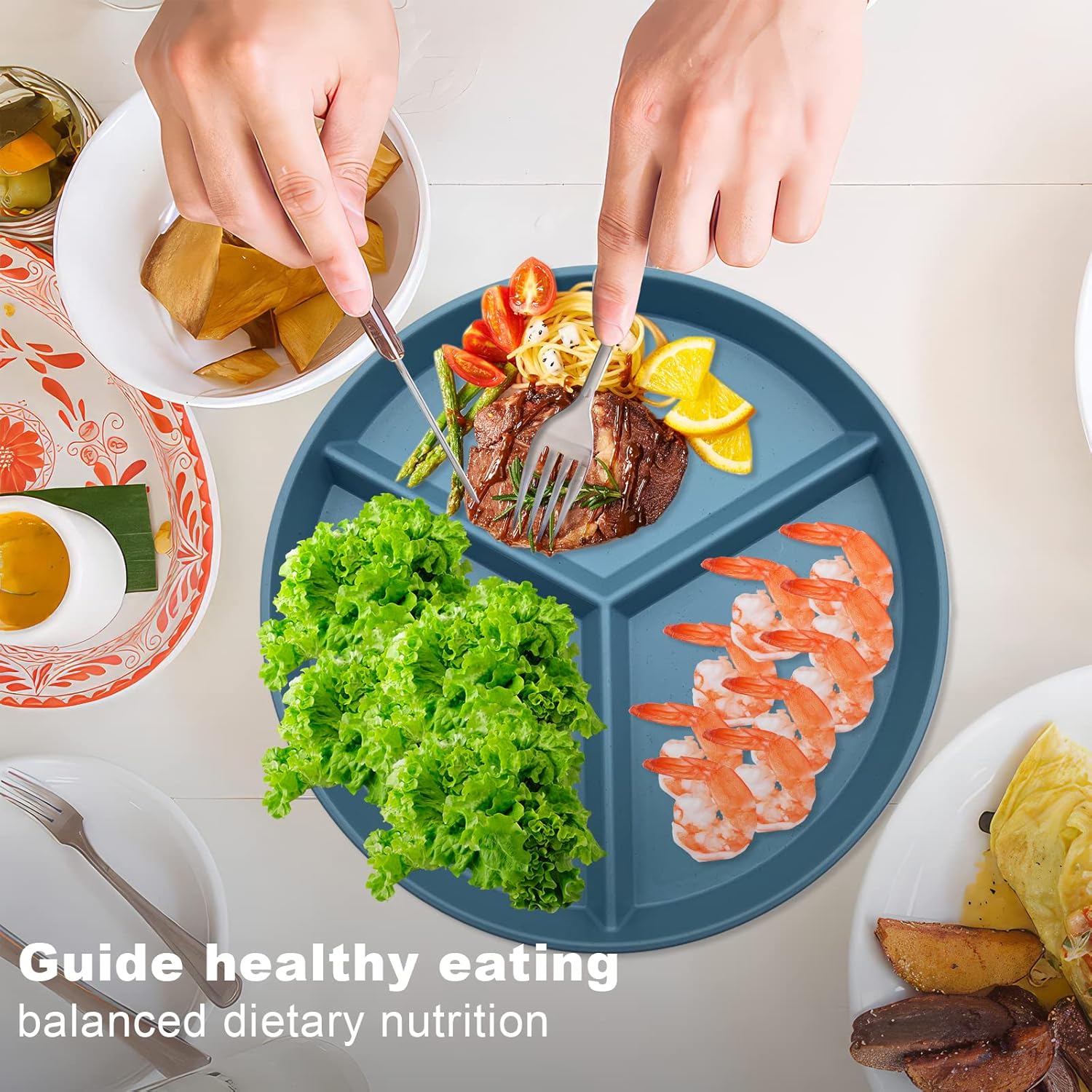 DYB DONGYONGBAO Portion Control Plate 9.6 Inch 8Piece, Divided Plates For Adults With 3 Compartments, Microwave And Dishwasher Safe,Suitable For Adult Weight Loss - Image 2