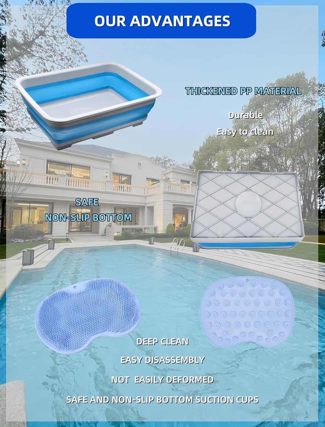 Collapsible Pool Foot Bath Tray, Portable Foot Wash Basin for Swimming Pool Ladder, Non-Slip Foot Rinse Tub for Beach & Hot Tub, Keeps Water Clean (with Blue Pad)