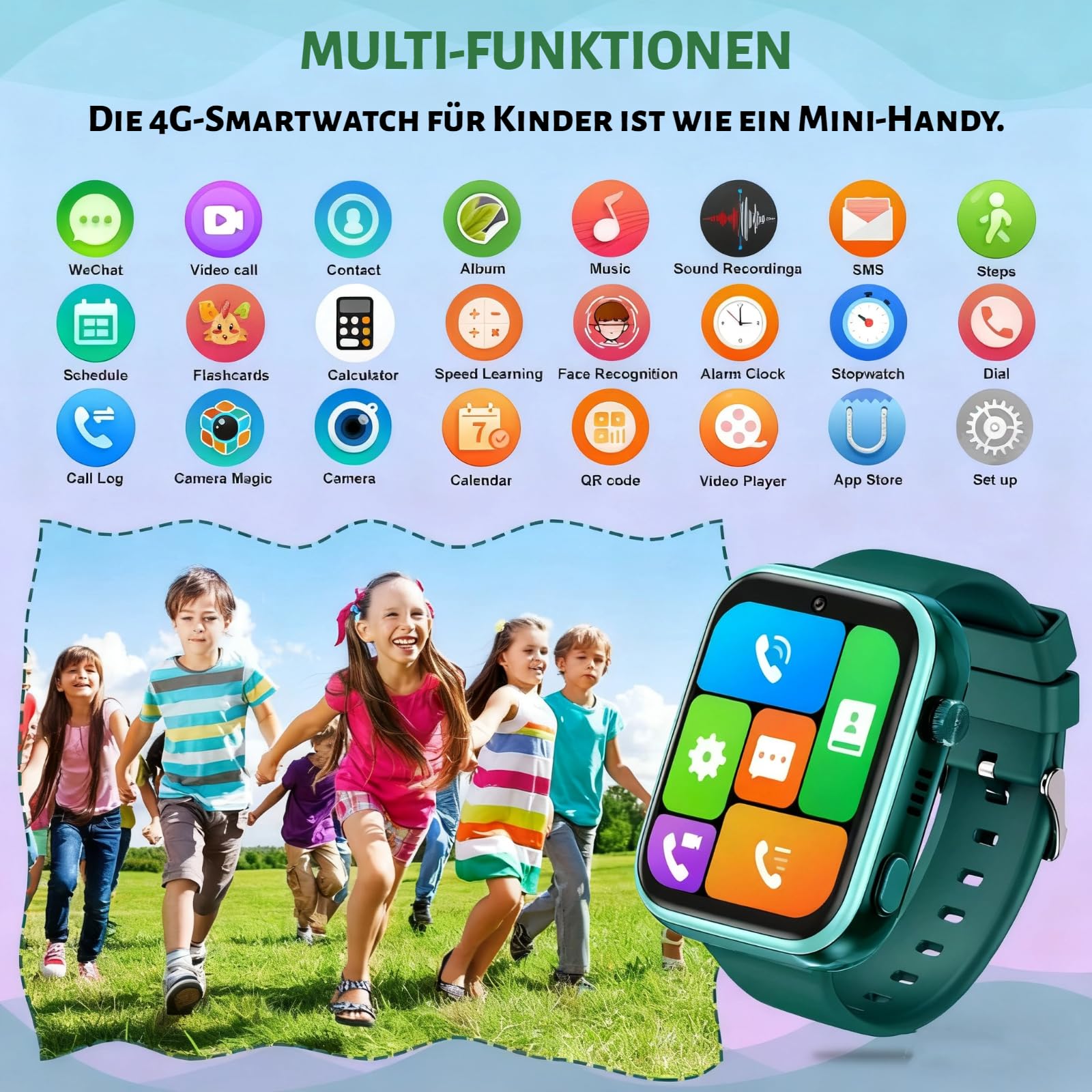 OKYUK Smartwatch dziecięcy 4G z trackerem GPS, dwukierunkowe połączenia, SOS, smartwatch z wieloma stylami pulpitu do wyboru dla 6-12 chłopców i dziewczynek (ciemnozielony)