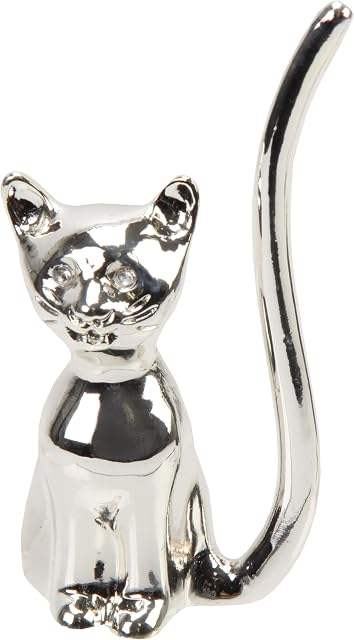 Cat Jewellery Ring Holder, Metal Silver Finish Organiser Stand - Boxed