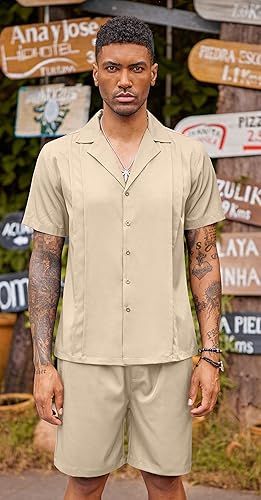 Miniatura 3 de COOFANDY Conjunto corto de 2 piezas para hombre camisa cubana con botones casual pantalones cortos de playa