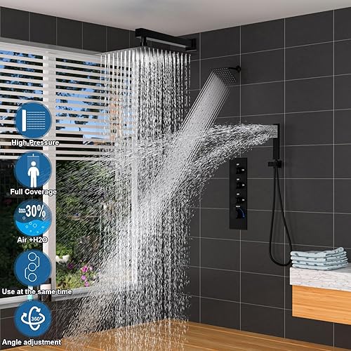Miniatura 45 de Enga Sistema de ducha termostático doble, grifo de ducha de lluvia doble de montaje en pared de 12 pulgadas + 6 pulgadas, todas las funciones se Oro