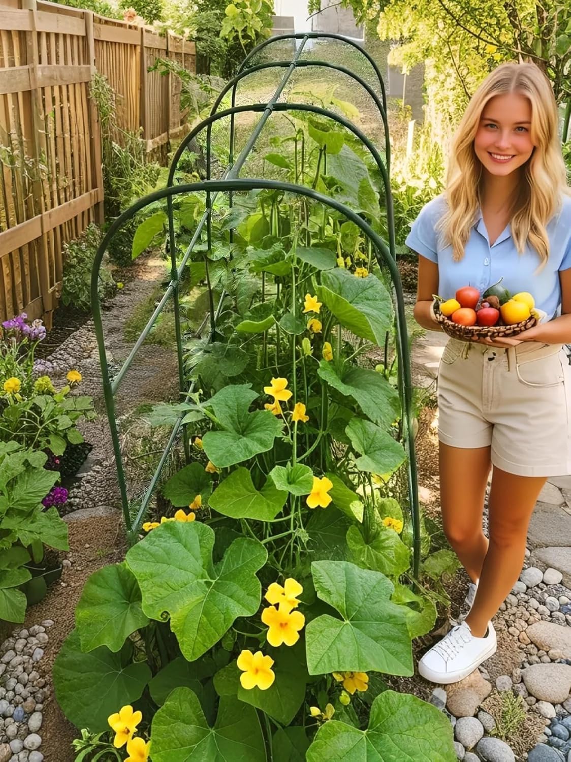 U-Shape Garden Trellis for Climbing Plants 35lbs Heavy Duty Metal Cucumber Trellis for Raised Beds Sturdy Tomato Squash Peas Flower Plant Support with 4 Garden Stakes Outdoor Grow Tool