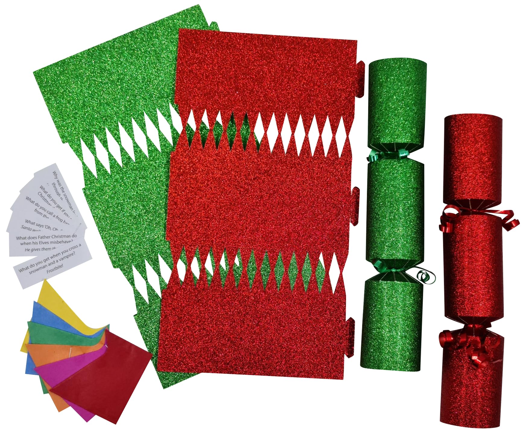 evelay 12 Make Your Own Christmas Cracker kit Crackers Hats Snaps Red Gold Green Blue Pink White Silver Glitter Crackers (Green and Red Glitter)
