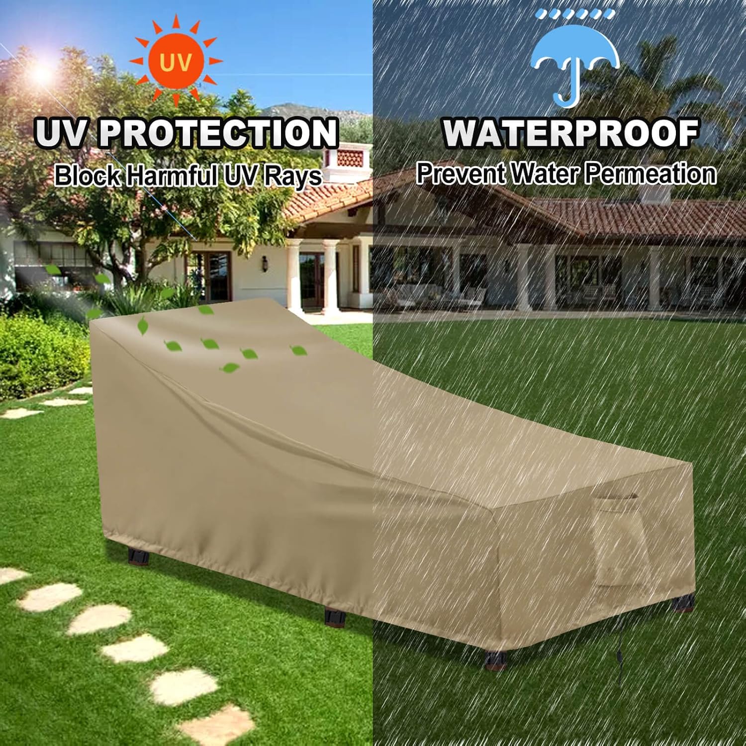 OutdoorLines Outdoor Waterproof Patio Chaise Lounge Chair Cover - UV Resistant Lounger Covers Heavy Duty Weatherproof Patio Sofa Furniture Covers, 1 Pack, 78Wx35.5Dx33H Inches, Camel - Image 6