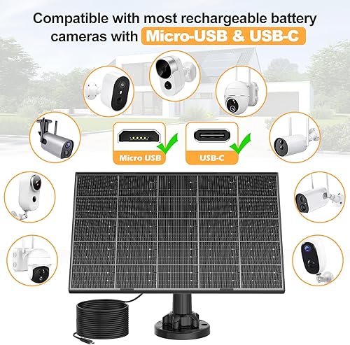 Miniatura 8 de Panel solar para cámara de seguridad, panel solar de 8 W con puerto micro USB y USB-C para cámara de batería recargable de 5 V CC al aire libre,