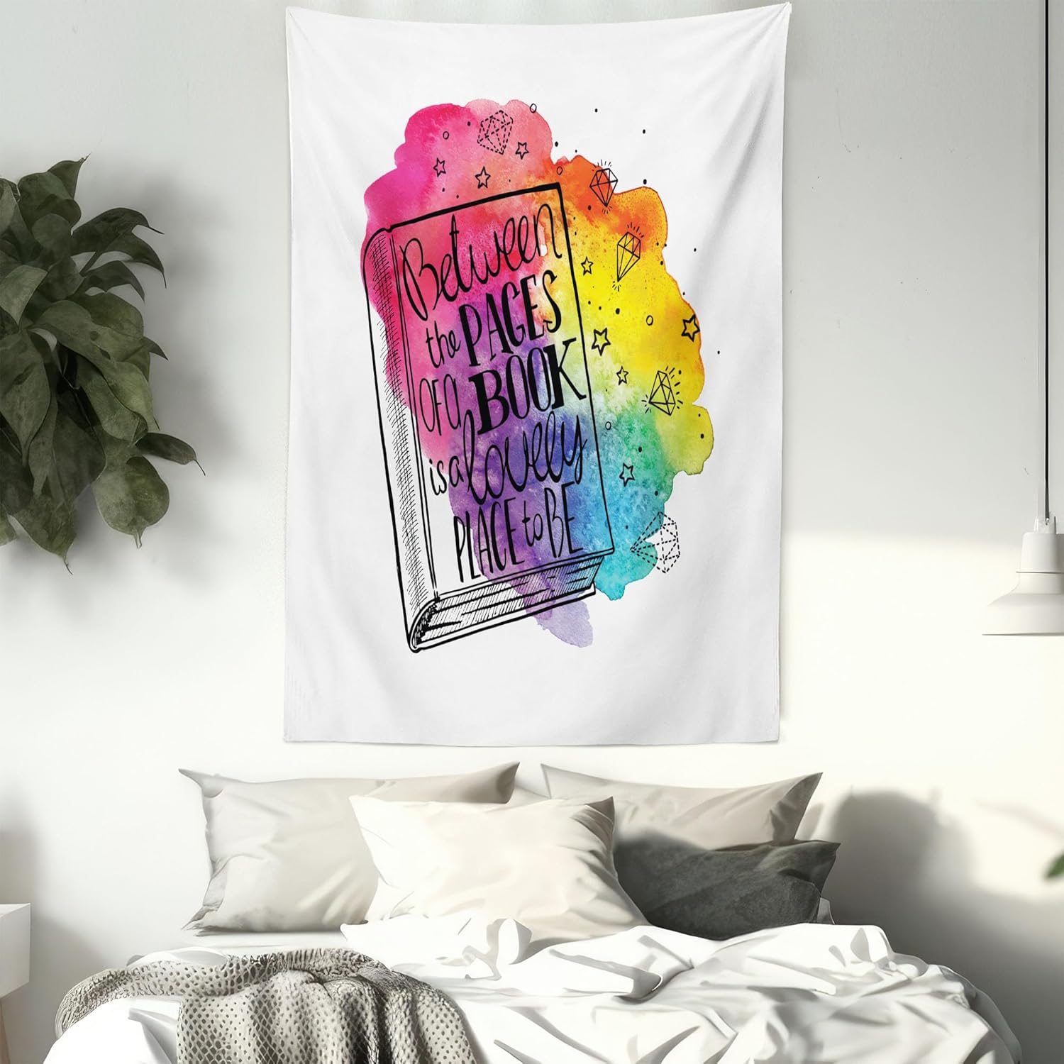 Ambesonne Book Tapestry, Between the Pages of a Book Words Print Among Vivid Colors and Diamonds, Wall Hanging for Bedroom Living Room Dorm Decor, 60" X 80", Magenta Blue