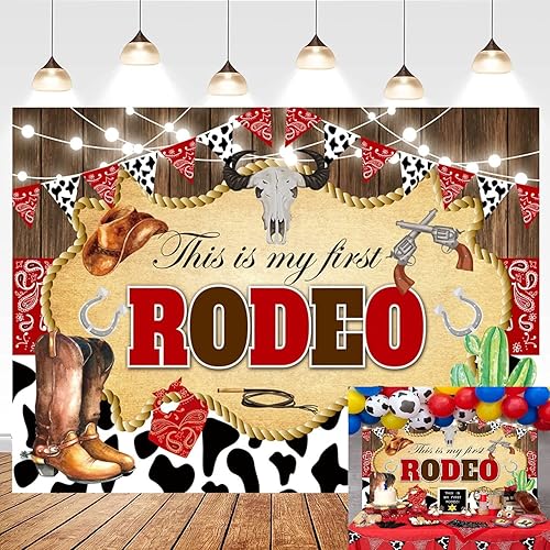 This is My First Rodeo - Telón de fondo de madera de vaquero occidental, estampado de vaca, fondo de cumpleaños, decoración de fiesta de primer