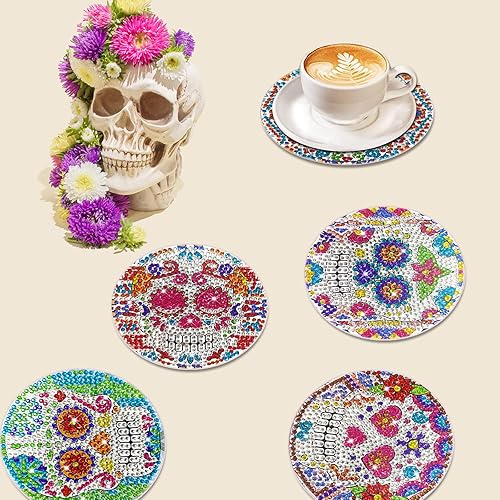 Miniatura 4 de AHCSMRE Juego de 10 posavasos de diamantes de calavera de Halloween, posavasos de pintura artística con soportes, posavasos de diamante