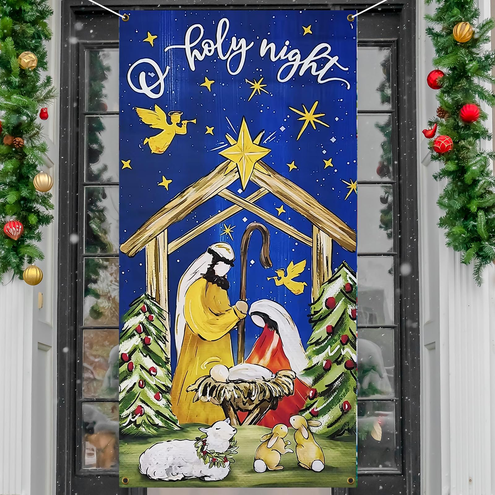 Christmas Door Cover Decorations,Jesus Nativity Scene Christmas Fabric Door Decoration Porch Sign Holy Night Outdoor Religious Front Door Banner Winter Holiday New Year Xmas Office Home Party Supplies