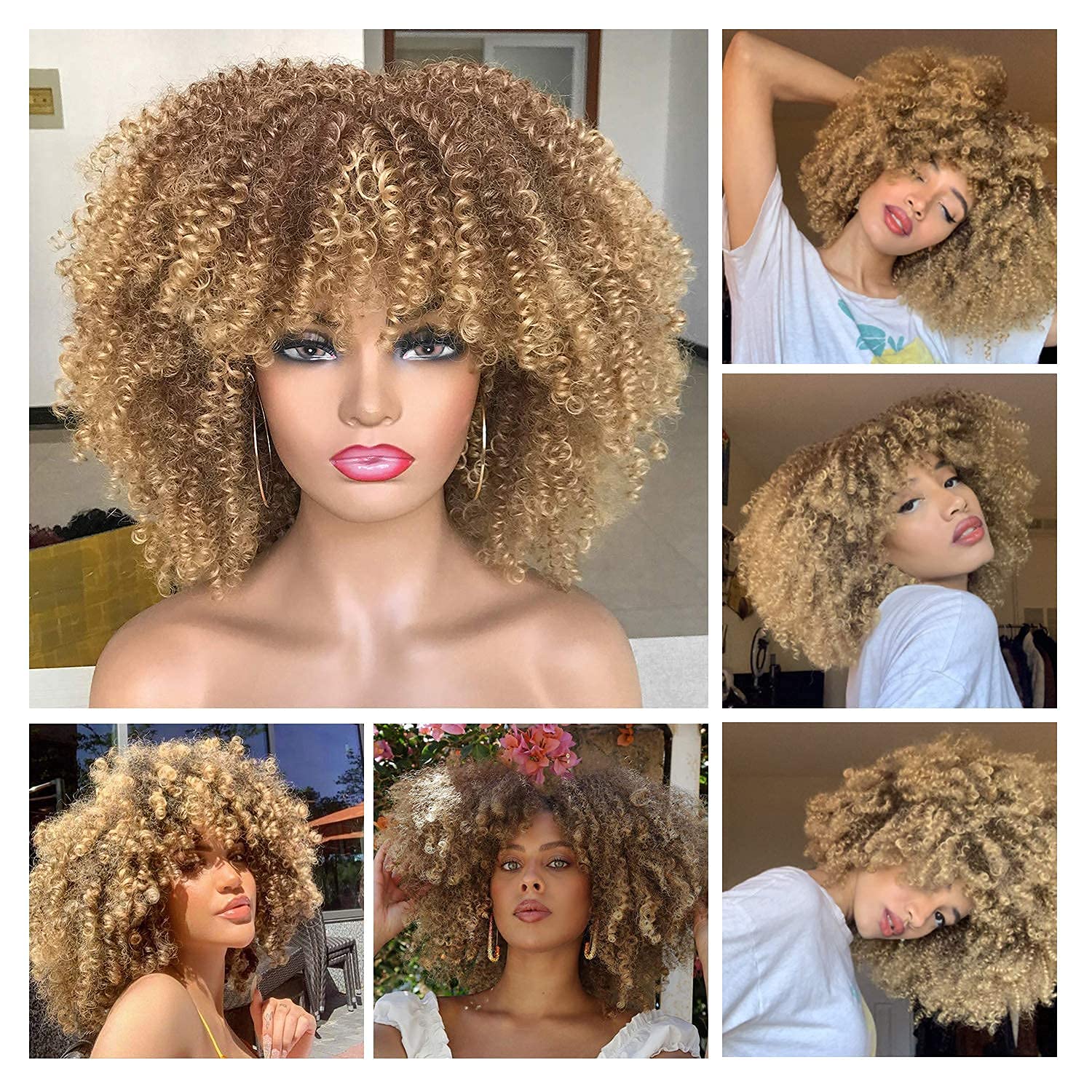 Curly Afro Wigs for Black Women Short Kinky Curly Wigs with Bangs 14inch Blonde Afro Hair Synthetic Fibre Wigs