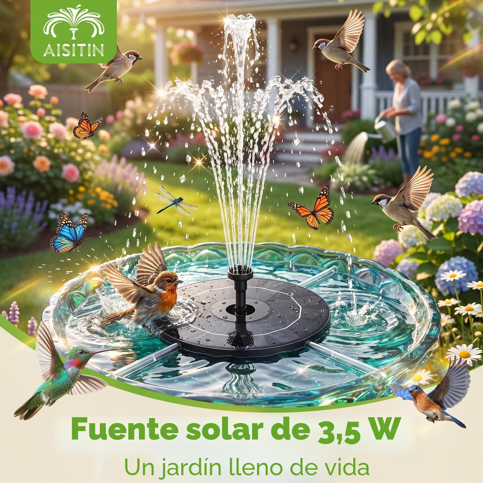AISITIN Fuente Solar Jardin Exterior 3,5 W, Bomba de Estanque Solar con 6 Boquillas para Baño de Pájaros, Acuario y Jardín Estanque(1PC)