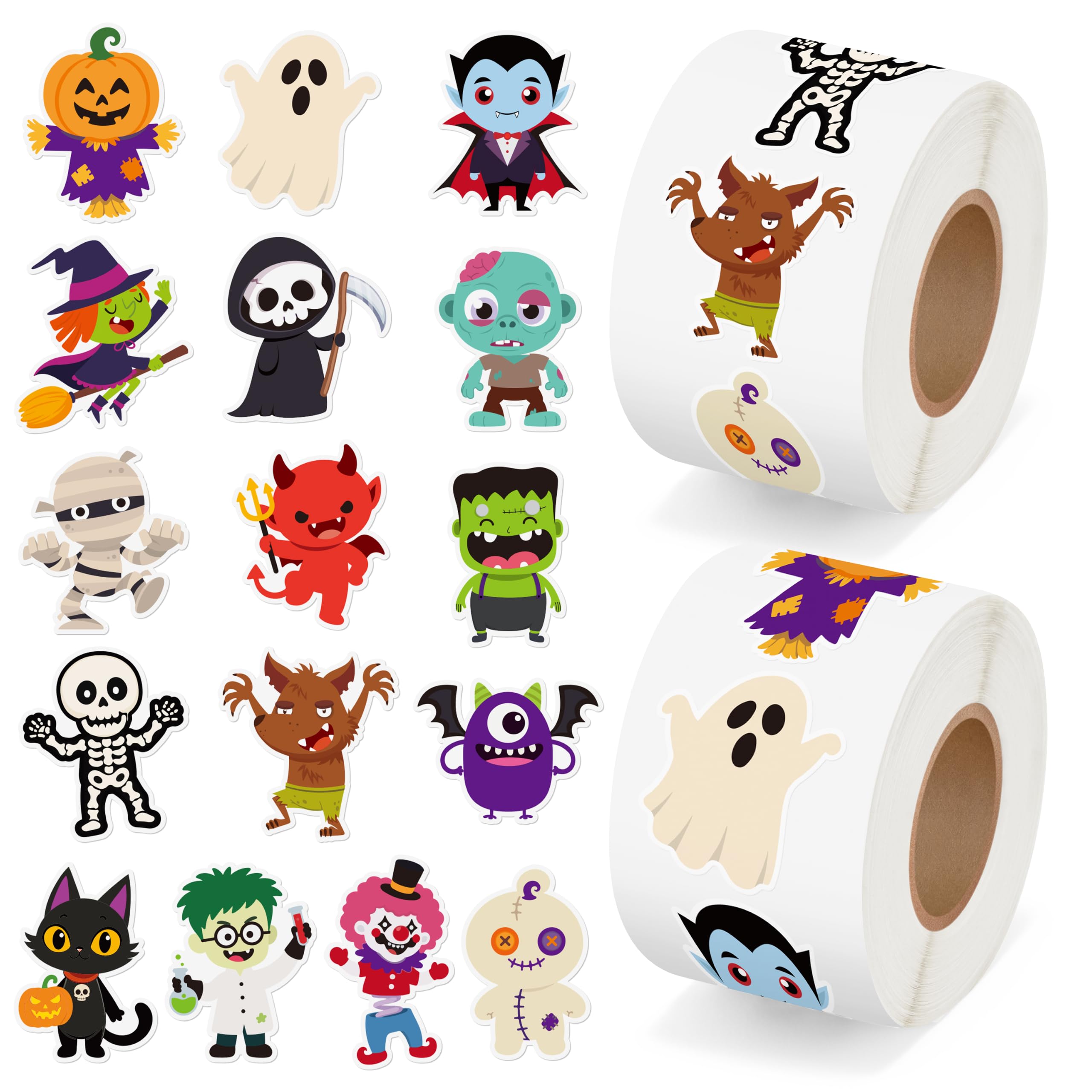 H1vojoxo Halloween Cute Sticker Rolls - Cartoon Halloween Character Sticker | 1000PCS Decorative Aesthetic Pumpkins Ghosts Black Cats Skull Decal for Kids, 16 Halloween Cute Vinyl Decal for Water Bottle