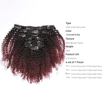 Loxxy Kinkys Afro Kinky Clip In Hair Extensions 4A 4B Virgin Natural Hair Ombre For Black Women Full Head #1b/99j AC 16 Inch