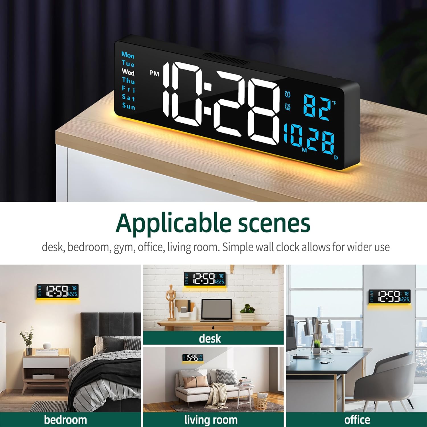 LEIKE 16" Large Digital Wall Clock Timer,Remote Control,2 Alarms, LED Display,Auto DST,Temperature,Modern Night Light Clock for Living Room,Bedroom,Desk,Mounted Decor(Black,White Blue LED)