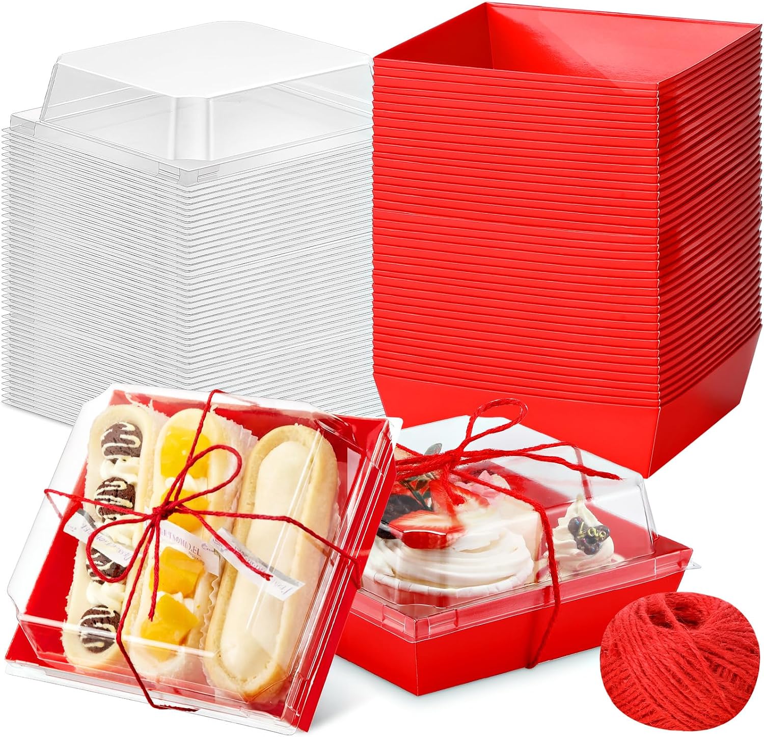 Jingmore 50 Pcs Charcuterie Boxes with Clear Lids 5'' Disposable Square Dessert Boxes Paper Food Box Bakery Containers for Party Cake Cookie Sandwich (Red)