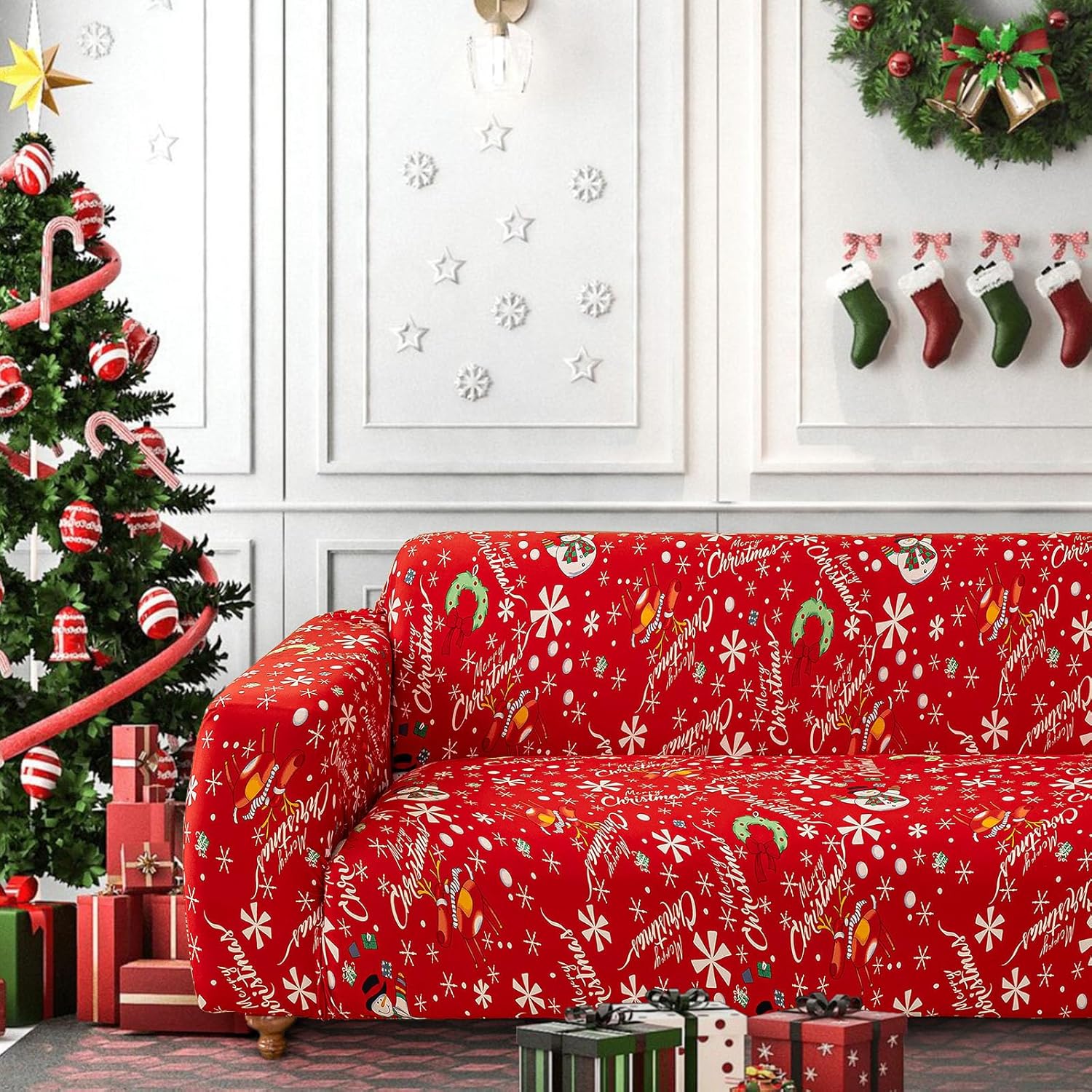DJY Christmas Printed Couch Cover, Soft Stretch Red Sofa Covers for Couches Elastic Xmas Snowman Theme 3 Seat Universal Sofa Slipcover for Home Christmas Decorations
