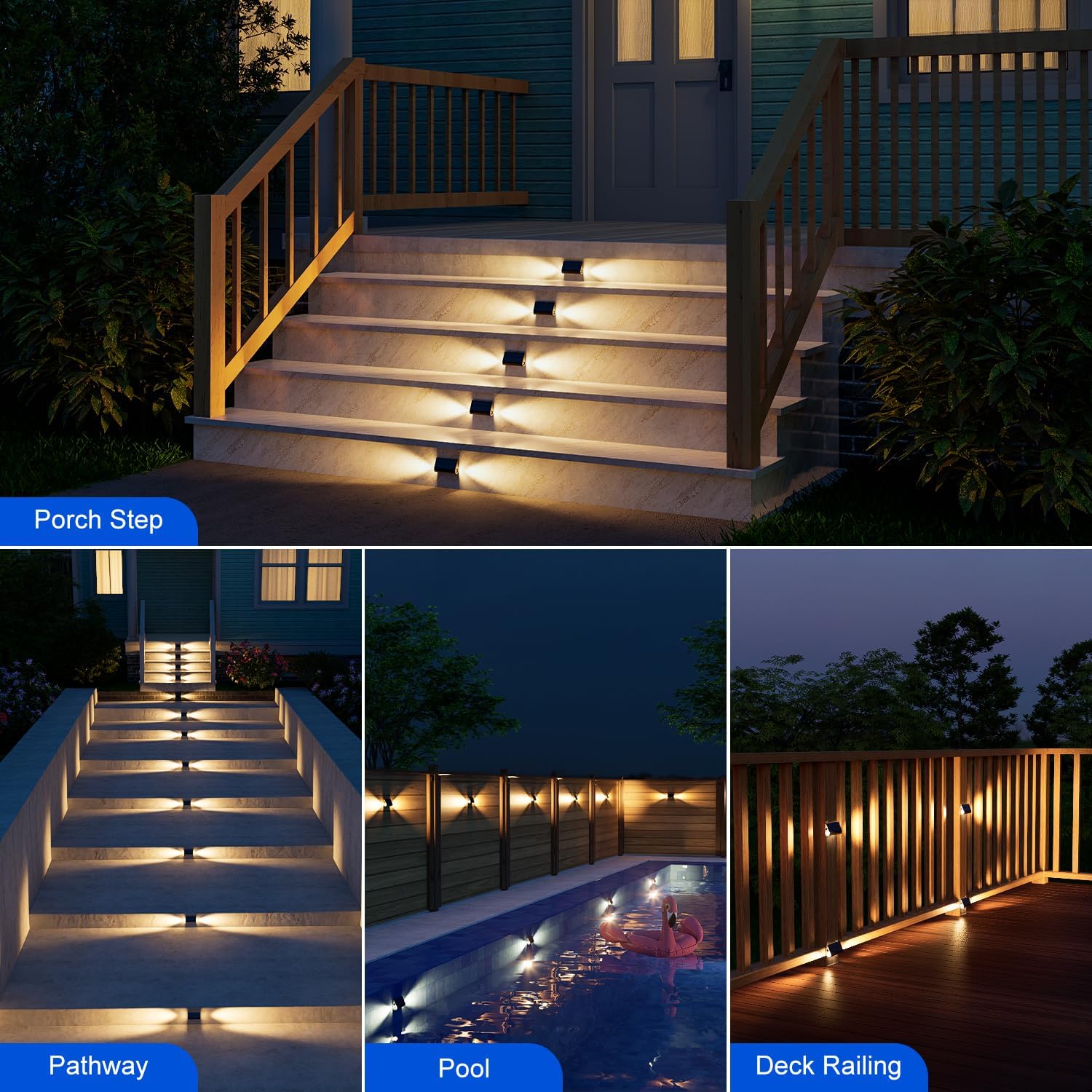 6 Pack Solar Powered Step Lights Outdoor Waterproof LED for Deck Stair Safety Outside Decorative Lamp for Yard, Patio, Porch Railing, Pathway, Fence, 2 Sided Warm White Lighting for Enhanced Security
