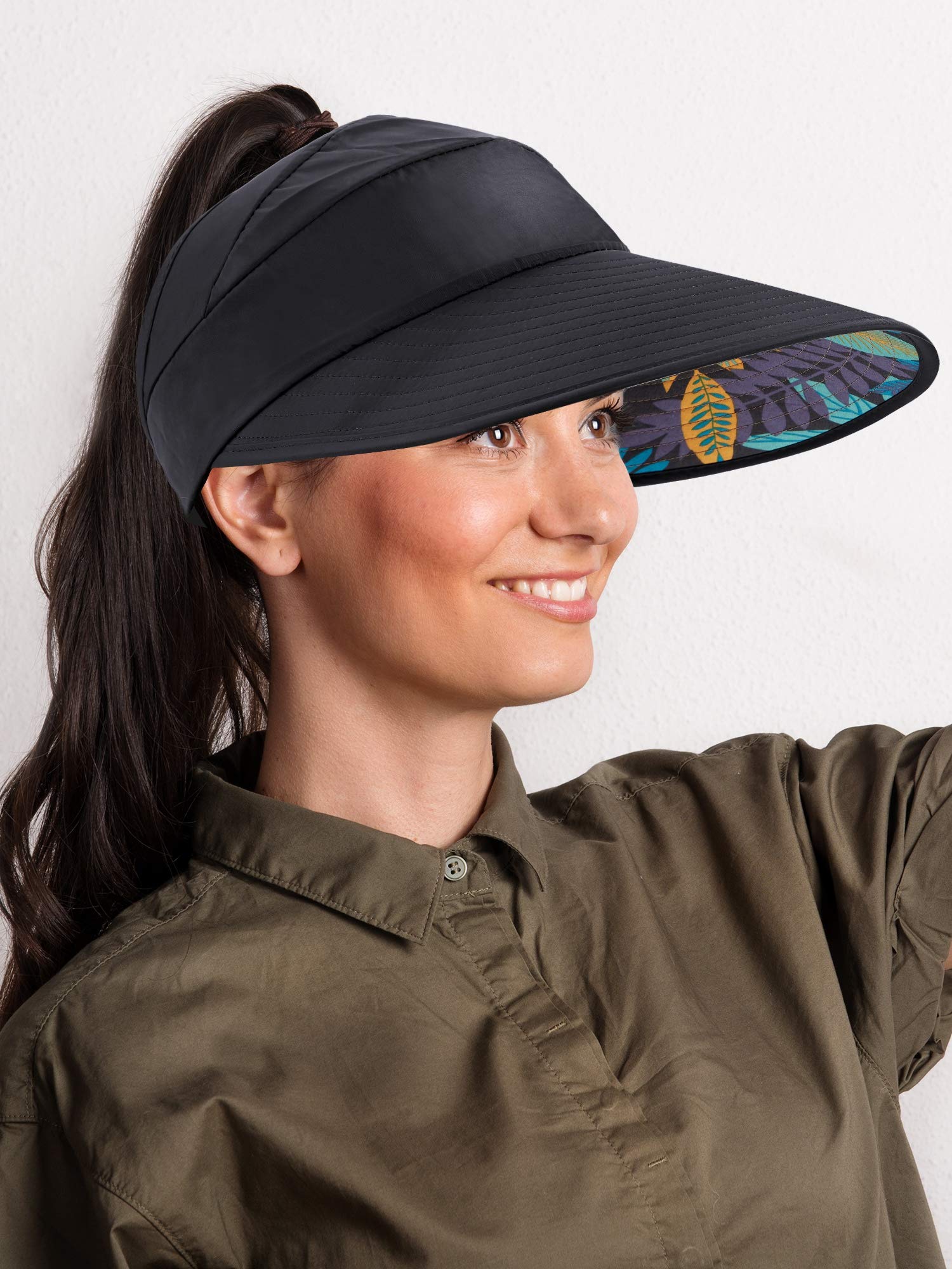 2 sombreros con visera para el sol, gorras de protección UV, sombrero de playa de ala ancha para mujer, multicolor, [Negro, Caqui] 2