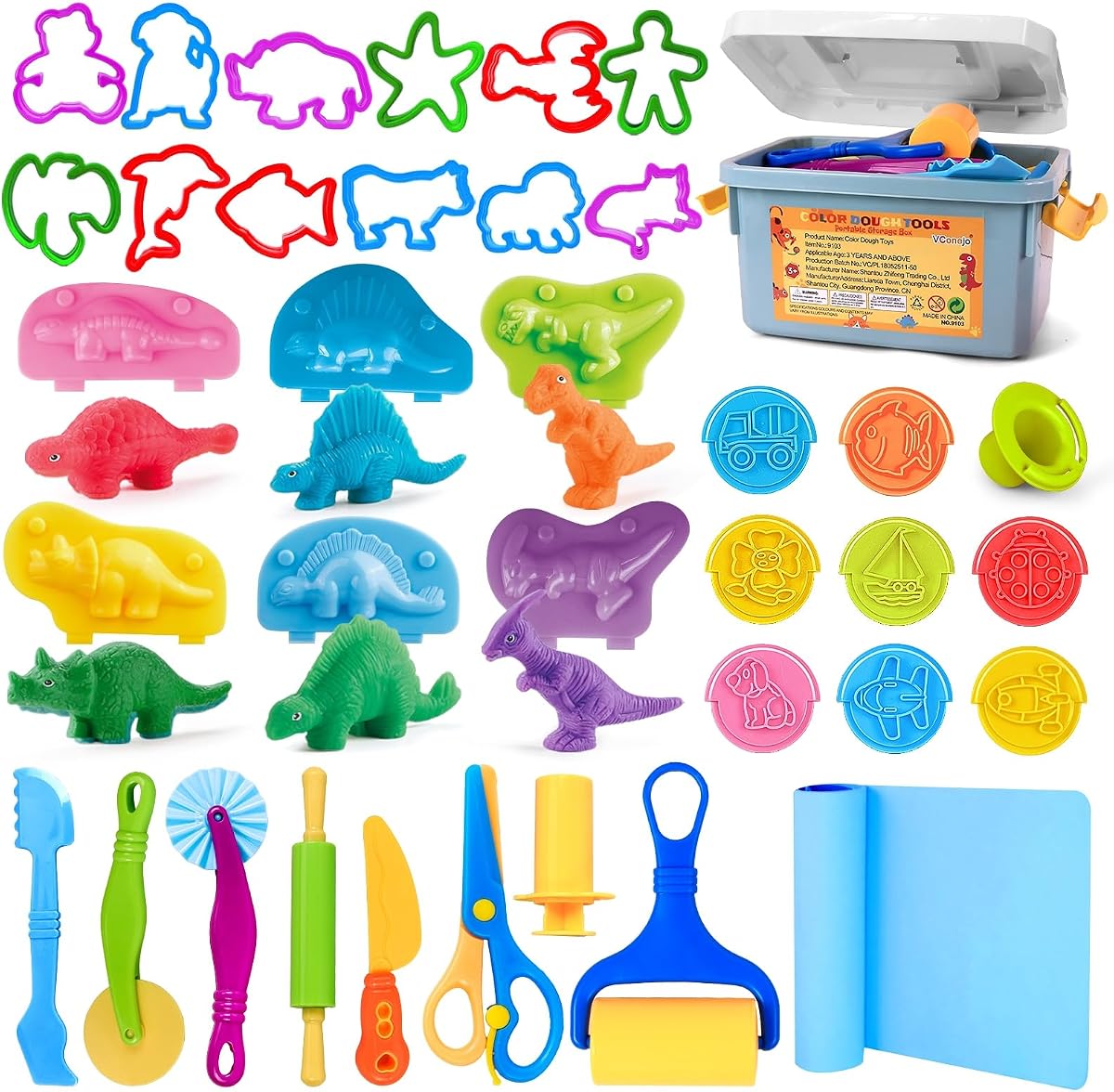 Dough Tools Play Sets for Kids, 37pcs Clay and Dough Accessories with Storage Container, Mat, Cutters, Rolling Pins, Safety Scissors, Stamps, Animal and 3D Dino Makers for Boys Girls