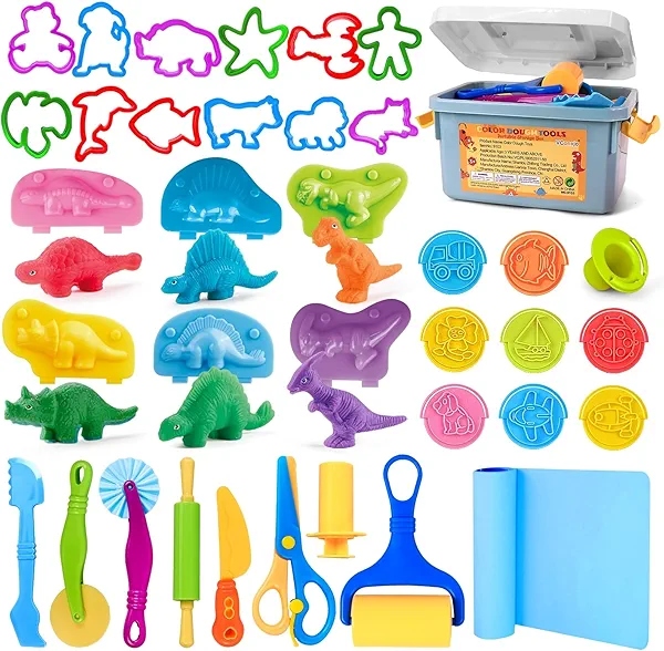 VConejo Dough Tools Play Sets for Kids, 37pcs Clay and Dough Accessories with Storage Container, Mat, Cutters, Rolling Pins, Safety Scissors, Stamps, Animal and 3D Dino Makers for Boys Girls