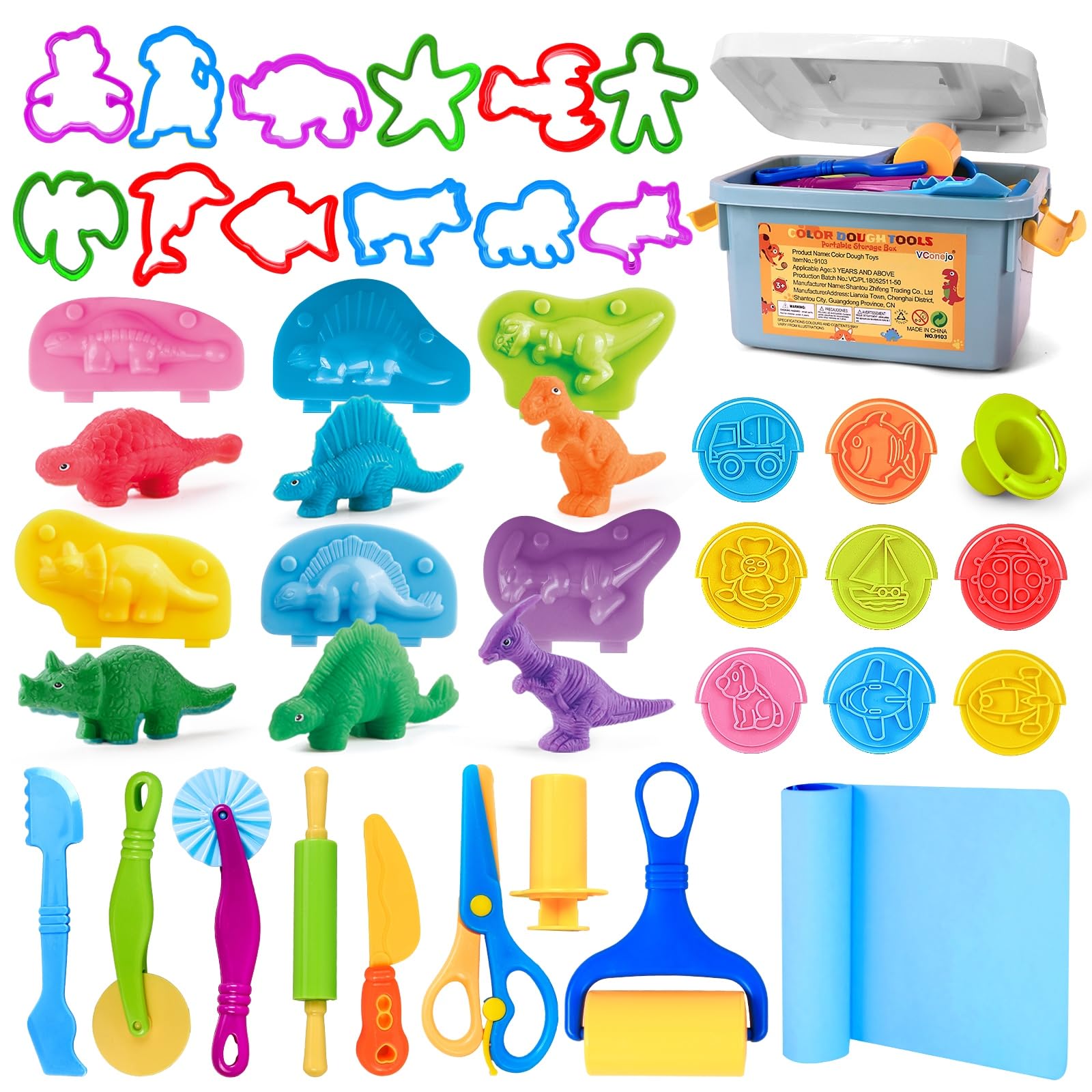 Dough Tools Play Sets for Kids, 37pcs Clay and Dough Accessories with Storage Container, Mat, Cutters, Rolling Pins, Safety Scissors, Stamps, Animal and 3D Dino Makers for Boys Girls