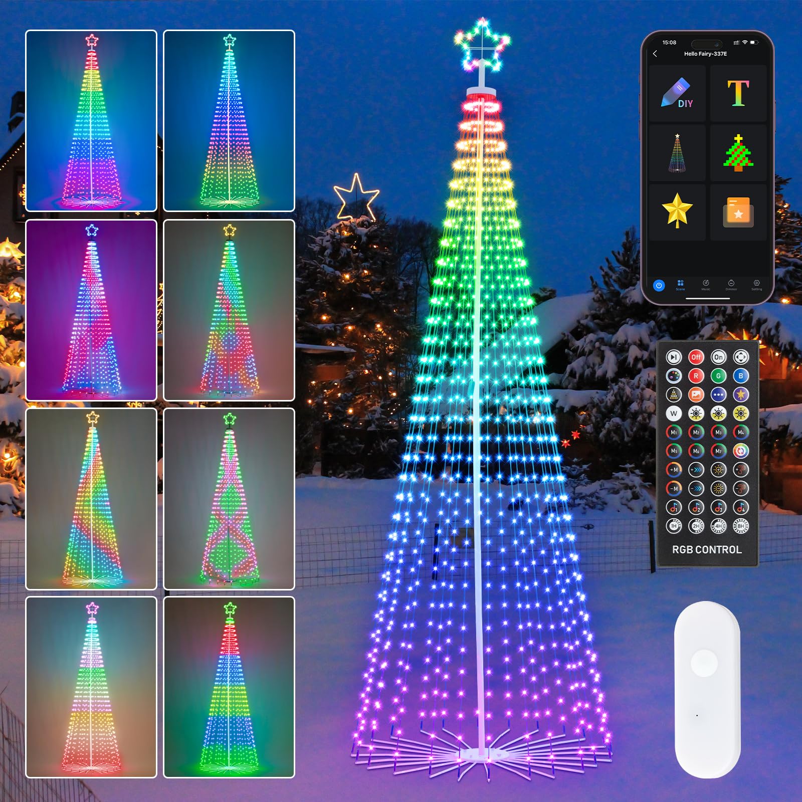 HOLILLUMA 12FT Outdoor Christmas Tree, RGB Color Changing Pre-lit Smart Cone Christmas Tree with LED Lights, App&Remote Control, DIY Multi-Color Lightshow, Music Sync, Christmas New Year Decoration