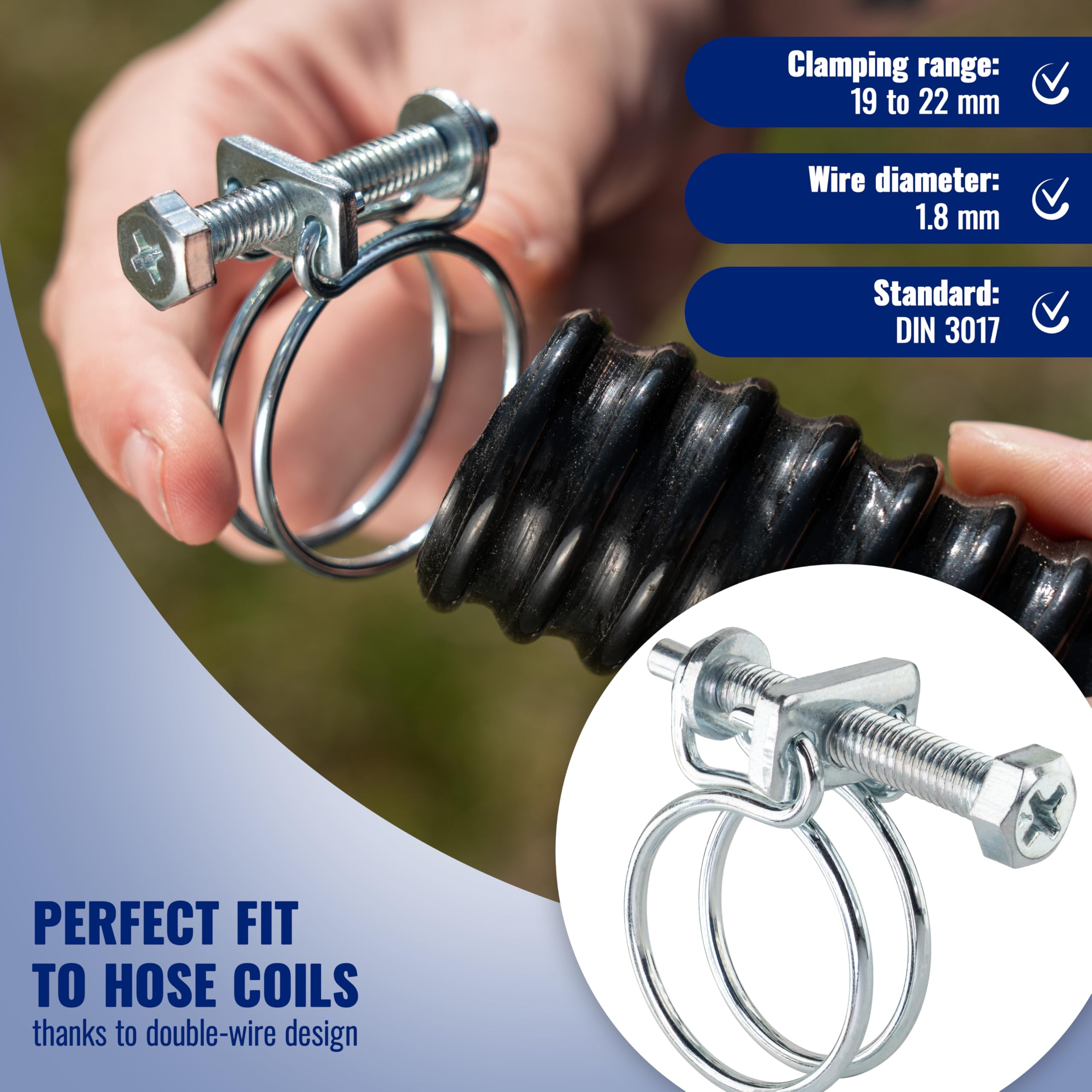 Poppstar 5 Pieces Double Wire Hose Clamp W1 Galvanised Steel Hose Clips, Clamping Width 19-22mm, Wire Diameter 1,8mm - Image 2