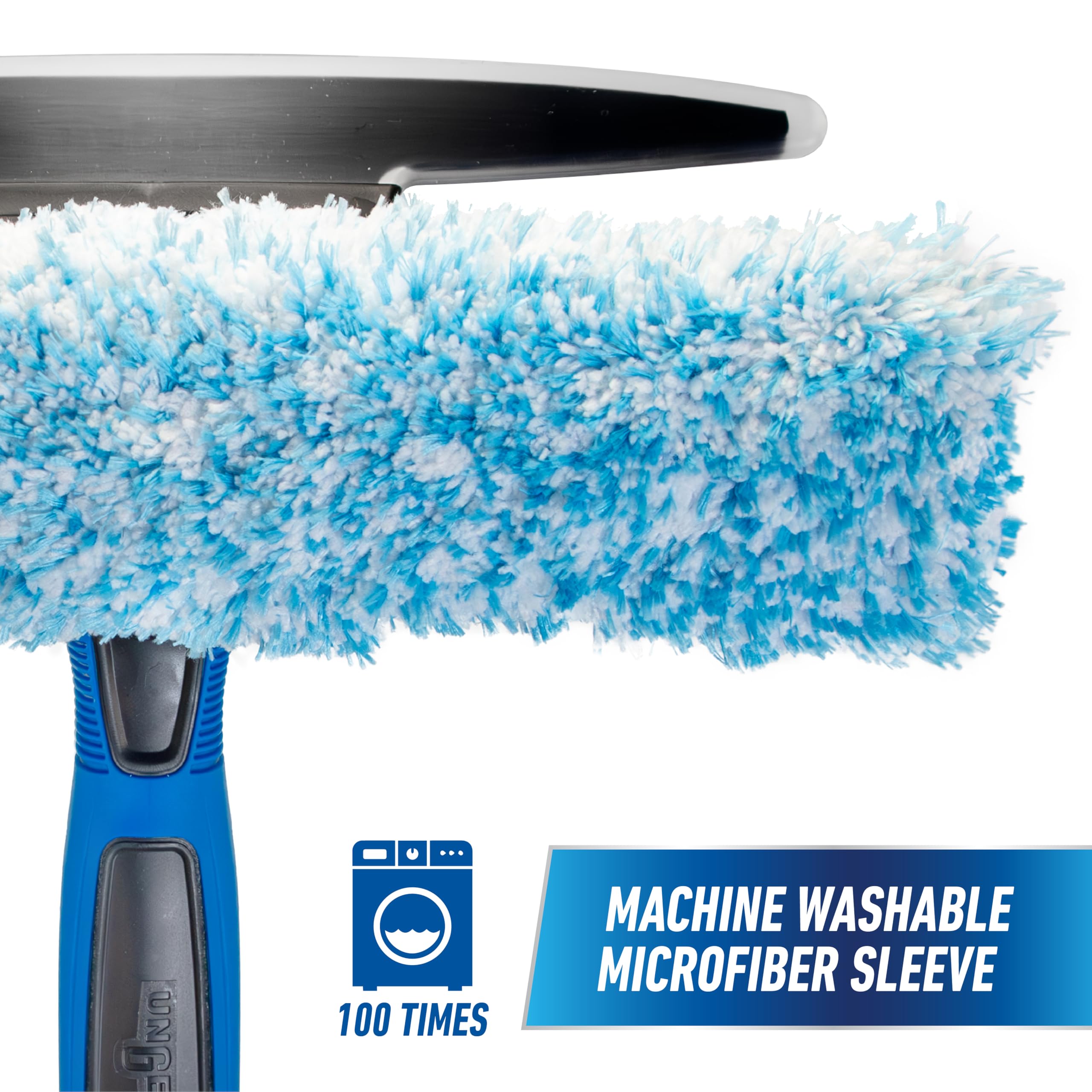 Unger Escobilla de goma curvada de silicona de 10 pulgadas con poste telescópico de 3 pies, hoja flexible para curvas de ventana, herramienta de limpieza de parabrisas, funda de microfibra